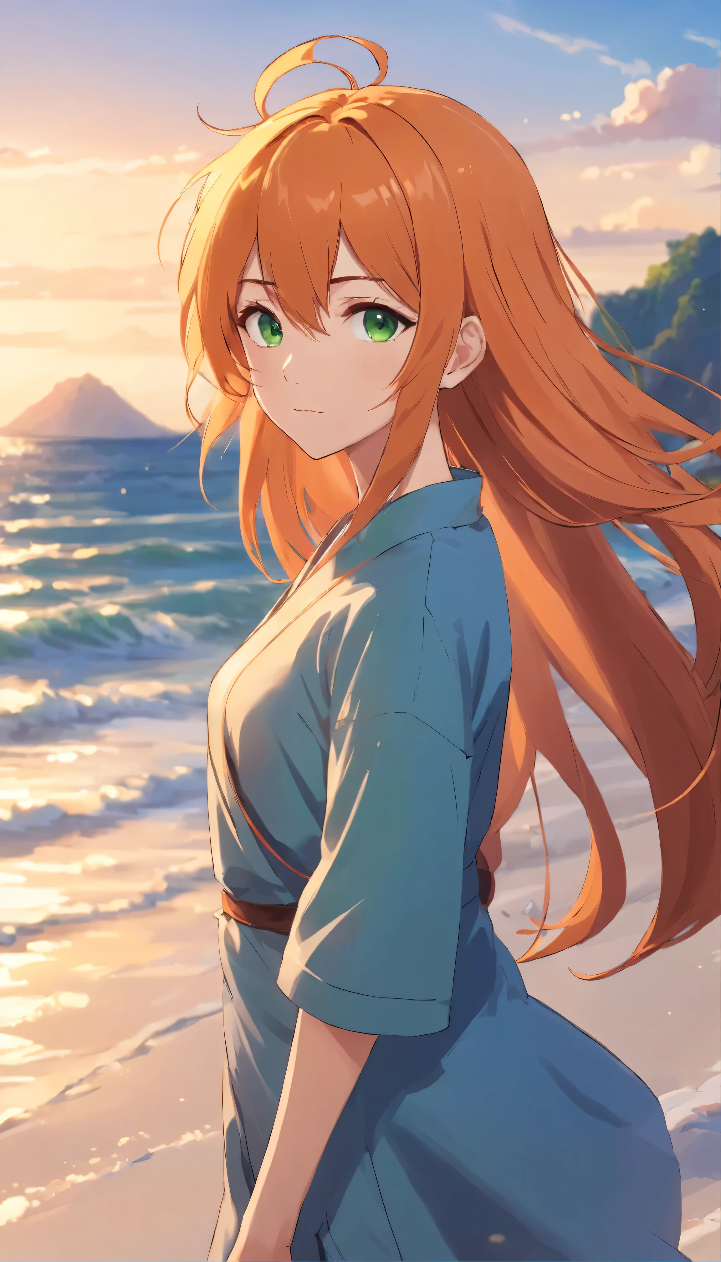 Anime girl with long orange hair, standing on the beach near the ocean, green eyes detailed digital anime art, Anime girl with long hair, гладкое аниме cg art, Anime girl with long hair, digital anime art, work in Guweiz style, Beautiful anime portrait, Photorealistic render of an anime girl, Beautiful anime girl, advanced digital anime art, guweiz на artstation pixiv HD UHD HQ
