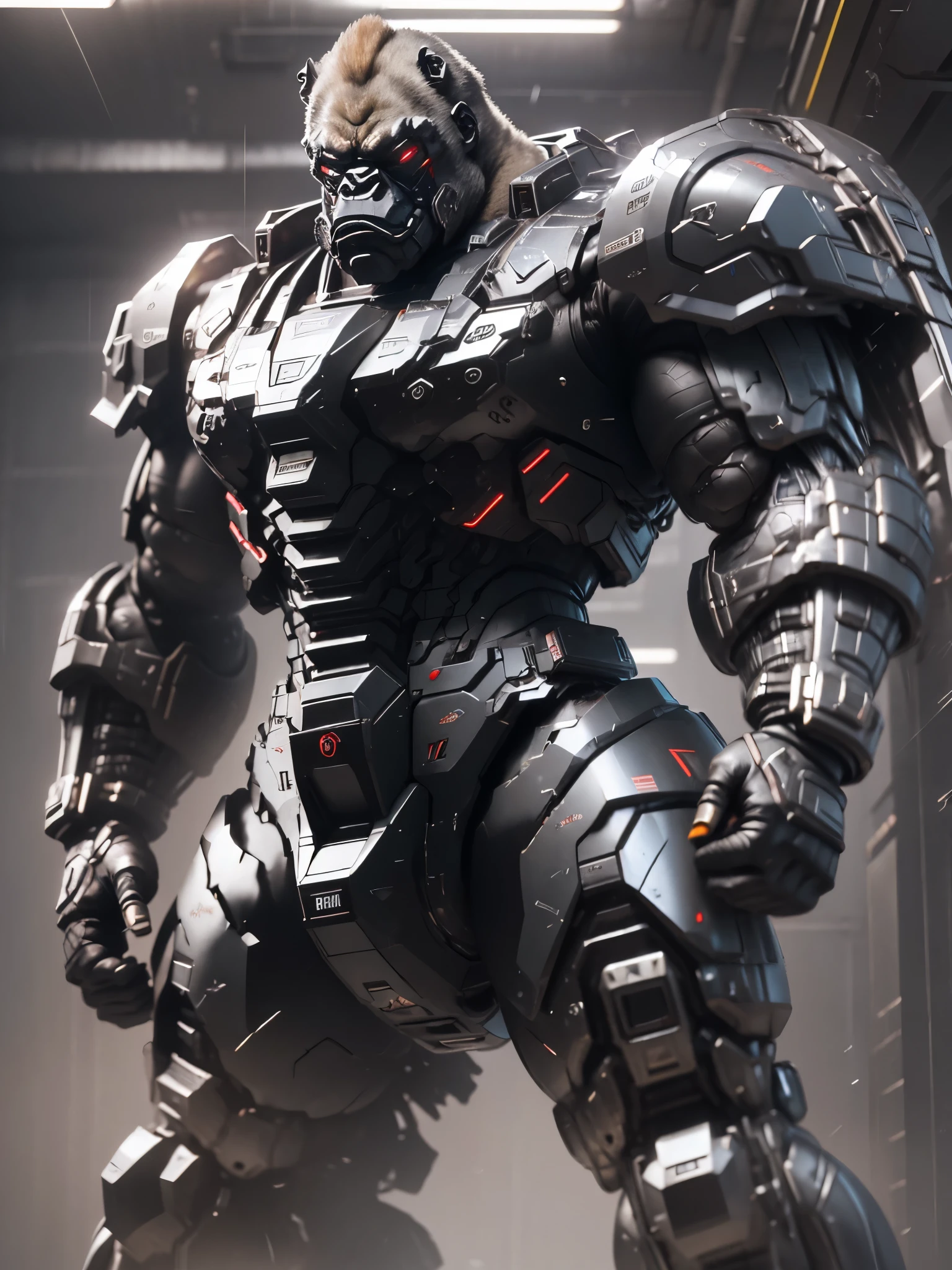 Silverback Gorilla,android gorilla、surreal,8k,wear a tie,Wear cyber armor over tight black suit、muscular、strong with sunglasses,Dark Black Tones、gatling gun