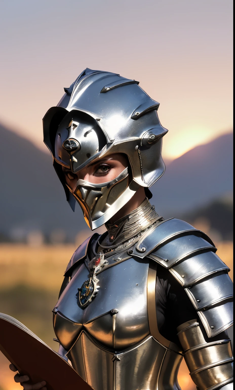 (obra de arte), (extremamente complexo:1.3), (Realista), retrato de uma , a mais bonita do mundo, (armadura medieval), metallic reflections, tronco, ao ar livre, luz solar intensa, castelo distante, fotografia profissional de uma mulher deslumbrante detalhada, sharp focus, Dramatic, premiado, Cinematic lighting, octano render motor irreal, volumetric dtx, (film grain, fundo desfocado, primeiro plano desfocado, bokeh, profundidade de campo, sunset, desfoque de movimento:1.3), cota de malha