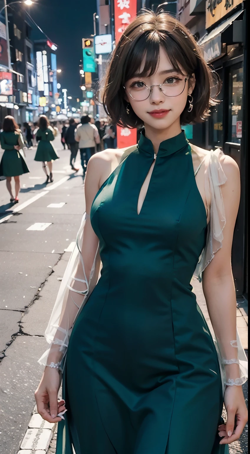 ((((short hair)))), ((((brown hair)))), best quality, 8K, HDR, highres, absurdres:1.2, blurry background, bokeh:1.2, Photography, (RAW photo:1.2), (photorealistic:1.4), (masterpiece:1.3), (intricate details:1.2), 1girl, solo, japanese girl, delicate, beautiful detailed, (detailed eyes), (detailed facial features), , beautiful and clear eyes, detail eye pupil, (((large breasts))), skin tight, (looking_at_viewer), from_front, (skinny), (best quality:1.4), (ultra highres:1.2), cinema light, (extreme detailed illustration), (lipgloss, best quality, ultra highres, depth of field, caustics, Broad lighting, natural shading, 85mm, f/1.4, ISO 200, 1/160s:0.75),1girl, solo, ((smile)), (((slim body))), (ulzzang-6500-v1.1:0.5), upper body, ((((green formal dress:1.2)))), standing,(pureerosface_v1:0.5), Tokyo street,night, cityscape,city lights, close up, Wear glasses, standing in the middle of the picture