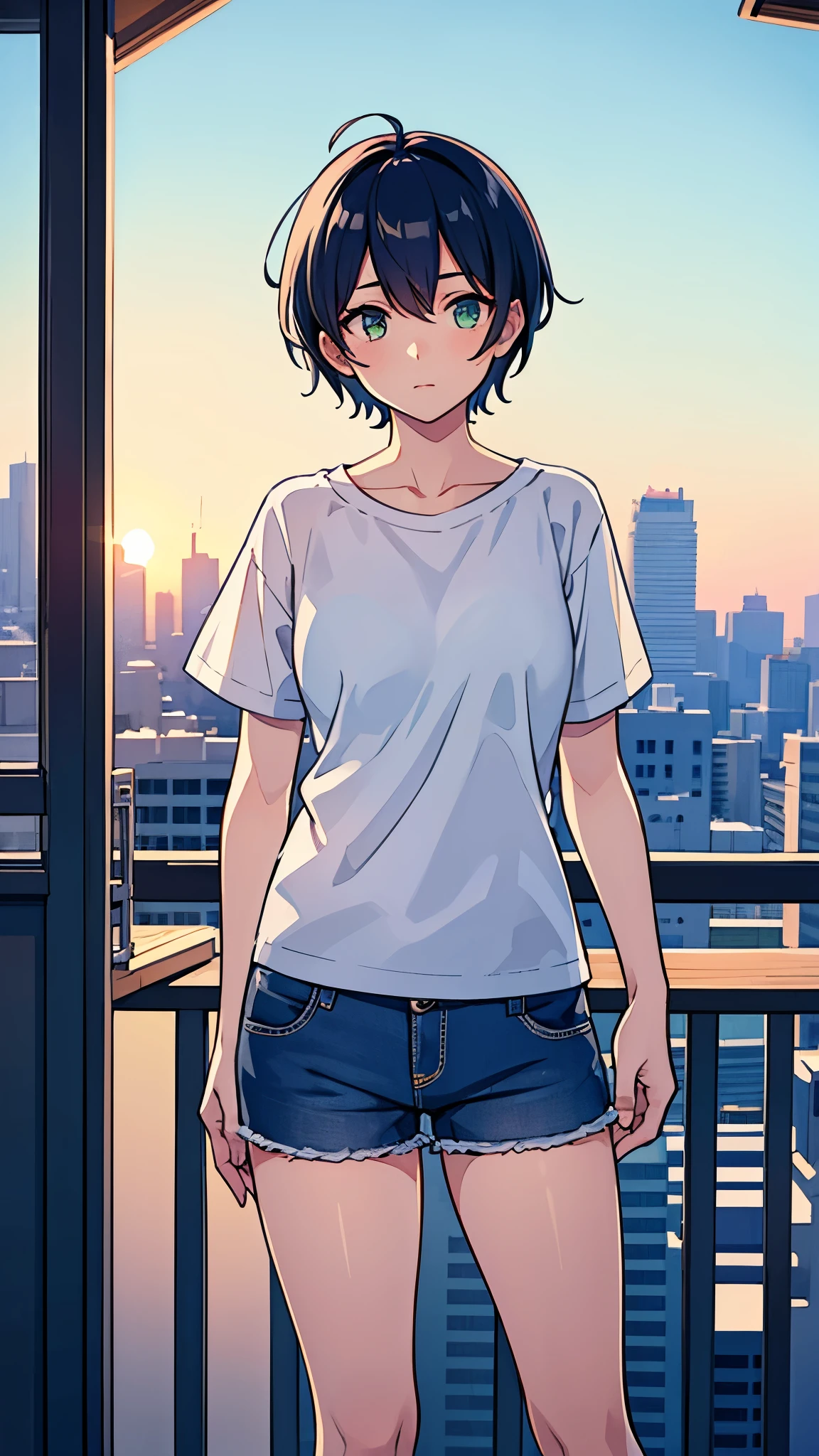 A girl standing in a balcony, white T-shirt, blue shorts, short hair, cute face, green eyes, watching the city with the sunset, gradient lighting, soft lighting, extreamly detailed, highly deatailed, wlop art style