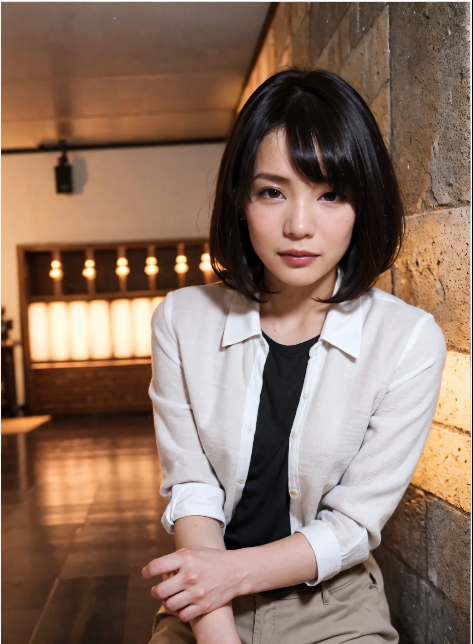 highest quality, realistic, 8k, ((High resolution)), 1OL, (skin dents), (portrait:0.5), nice, ((A dark refreshment room with no one around:1.65)), ((mini gray skirt, brown pantyhose, Gray jacket and white shirt)), look straight at the viewer:1.8, (1 Girl's eyes are looking at the viewer, short length straight hair, black hair, parted hair:1.75), bring a business bag, realistic, (smile:1.2), (closed mouth:0.56), nice, Pueros face_v1,