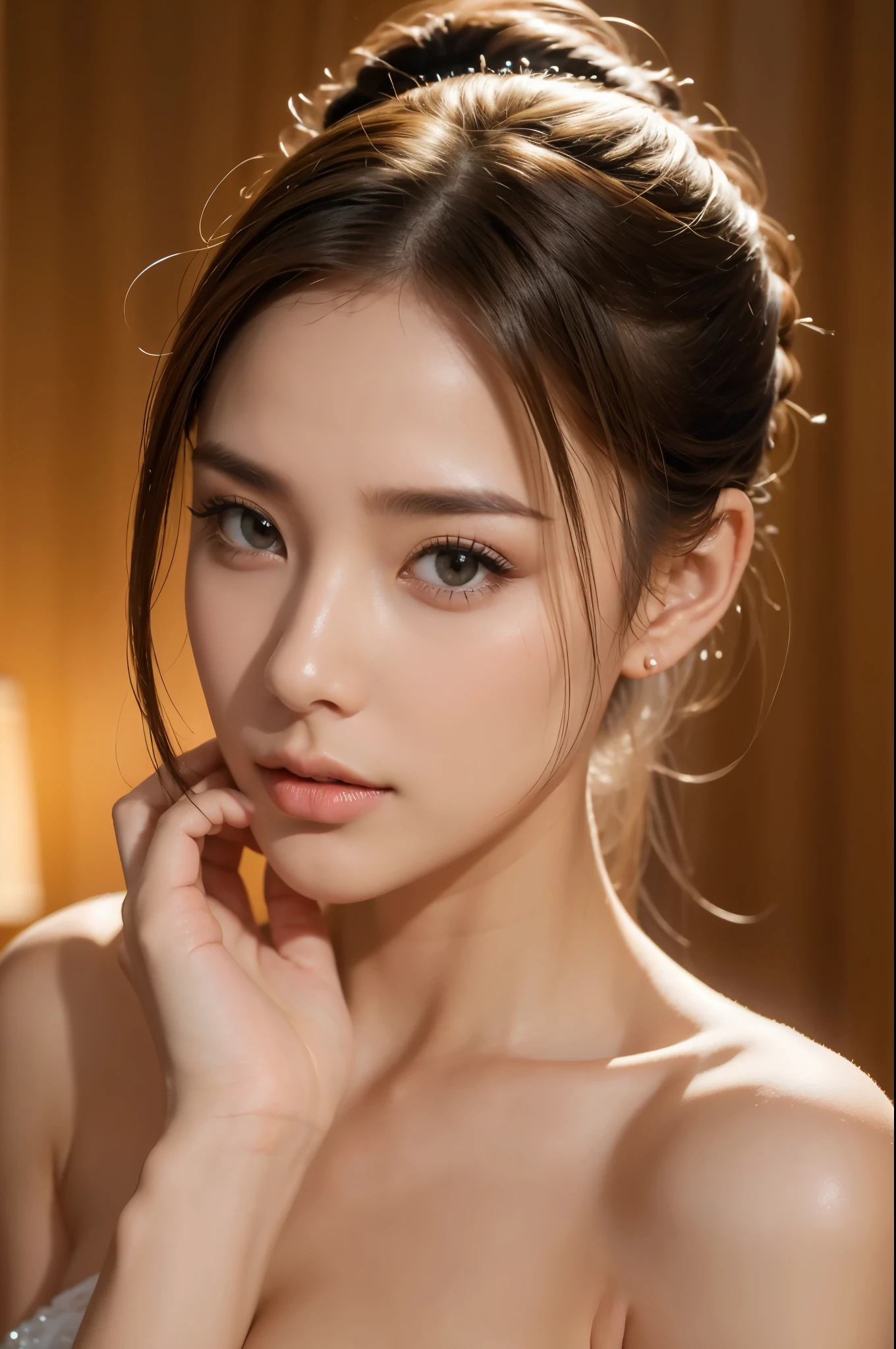 Masterpiece, (best quality), beautiful woman, ponytail, Fine texture of the skin,(The details of the face are very beautiful.)(best quality:1.4), raw photos, glossy lips, expressive eyes, movie light, Perfect Figure, full body, bare, Gold background,Hand showing diamond ring