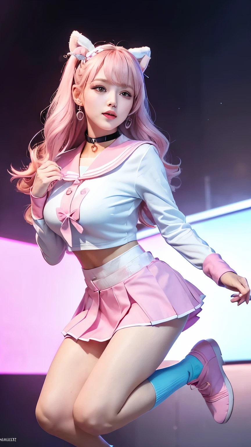 (8k, RAW photo, highest quality, masterpiece: 1.2), Super detailed, super resolution, (genuine, genuine photos: 1.37), portrait, High-definition RAW color photo, professional photos, 非常に詳細で美new, very detailed, 8k wallpaper, amazing details, huge file size, official art, very detailed CG Unity 8k wallpaper, very detailed beautiful girls, very detailed facesHighly detailed eyes, Very fine skin, very detailed fingers, very small nose, very detailed detailed mouth, perfect anatomy, detailed background, fine clothes,20th generation, cute girl, genuineistic body,  white skin, glowing skin,  (dull bangs: 1.2), smile, cute, like々new, cute face, genuineistic face, delicate eyes, sagging eyes, (Super miniskirt cheerleader costume)、(sexy and dynamic dance pose)), earrings、looking at camera, Contrapos, dynamic lighting, G cup breasts,big breasts、I can see the cleavage、panty shot、(pastel pink and pastel blue、White Theme:1.4), (cute school uniform:1.2),  (pink sailor collar and big pink ribbon:1.4), (raise button:1.4), (wearing a pink pleated miniskirt.1.2), (barefoot:1.3), (loose socks:1.2), (BLACK PLATFORM HIGH BOOTS:1.2),(Dancing on a wide stage illuminated by colorful lights 1.2)