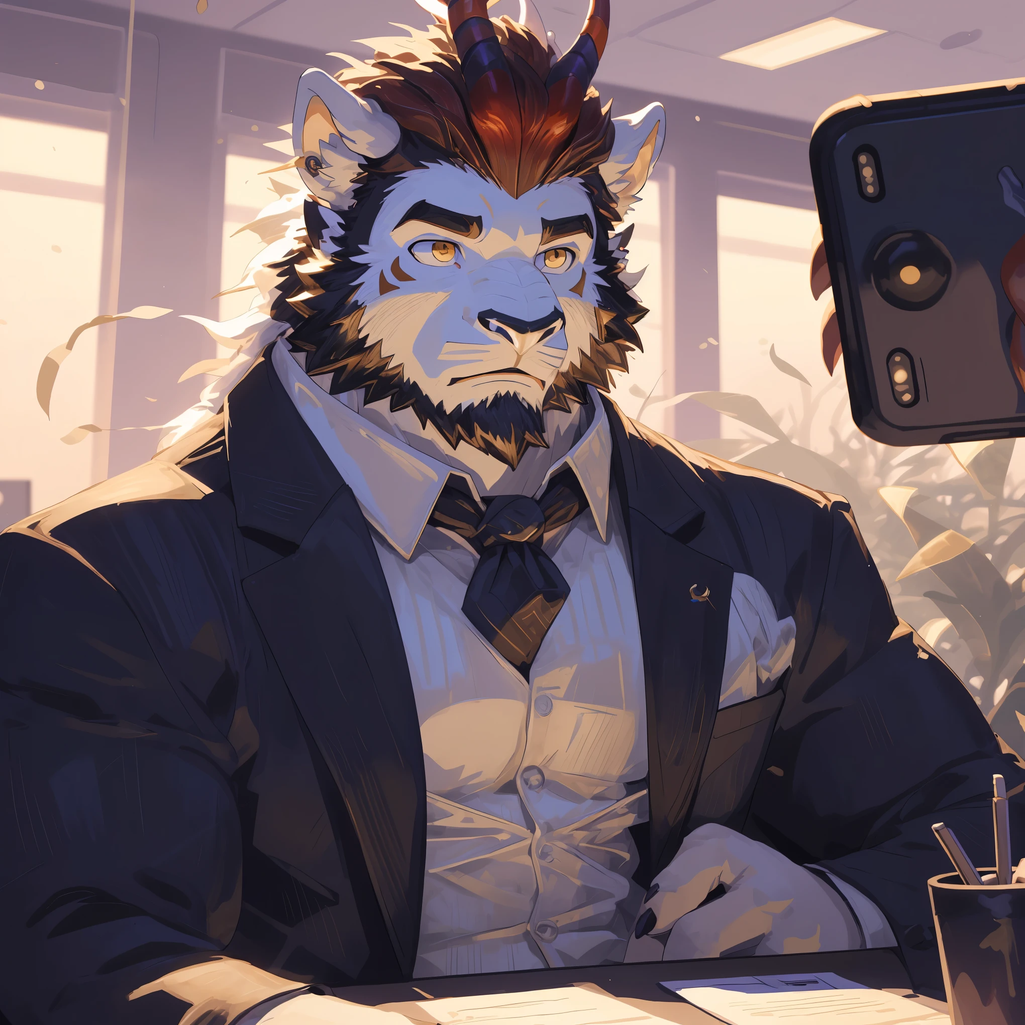 (Kirin:1.5),(Suit:1.5),32k high quality detailed art,(Kirin:1.1), (((white fur:1.8))),(white cool color),(Gold and blue different color eyes:1.2),(muscular body:1.2),Handsome,(OK),(perfect face),(despair:1.1),(golden and white skin:1.6),(office background:1.6),(Full body close-up:1.6),Publaz, (Kirin:1.1),(((Neat and decent body:1.8))),Handsome, (OK),Express,(office background:1.4),(wistful look:1.3),(Kirin tail),不同的Express,(perfect masterpiece),(32k),(abdominal muscles:1.3),(((young:1.4))),(21 years old),(alone),(Golden sideburns:1.5),(Golden-bearded:1.3),(black chin:1.3),(black and white face:1),(Very rich facial details:1.3),(Strong),(Half body),(front view),(cg),(HD),(serious expression:1.6),(White lines:1.4),(scales:1.3),(white ears:1.4),(confident eyes:1.4),(Domineering pose),(nipple ring),(bird&#39;s eye view),(holding mobile phone in hand),(President)