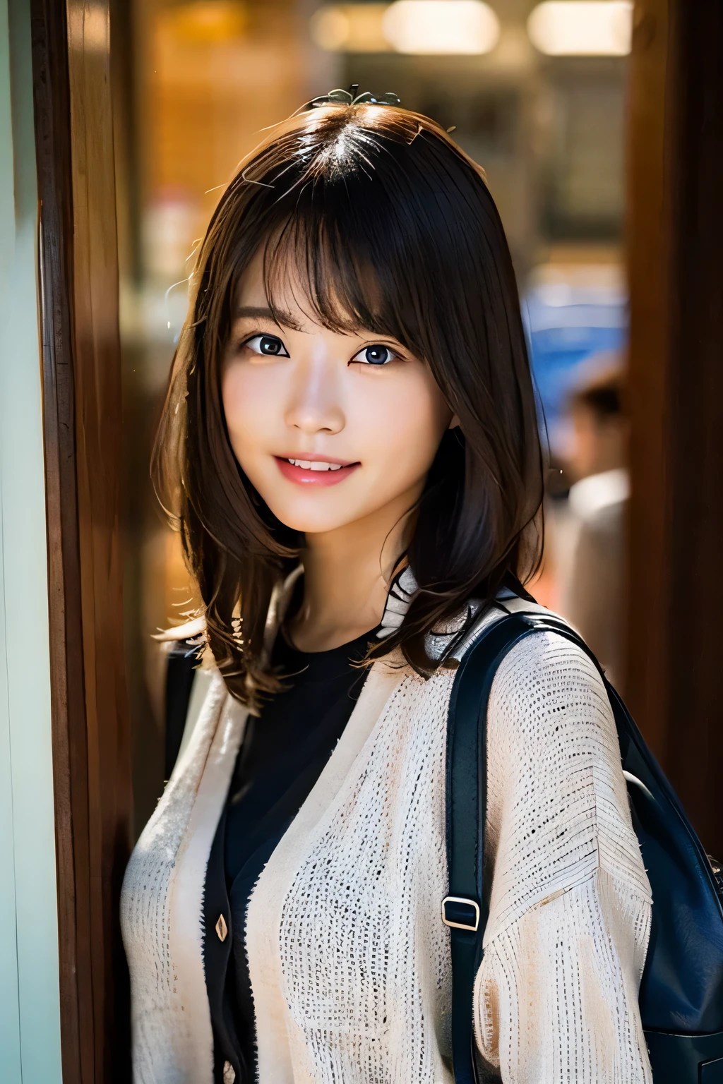 (8k、RAW photo、highest quality、masterpiece:1.2)、(realistic、Photoreal:1.37)、Super detailed、超A high resolution、1 girl、see the beholder、beautiful and detailed face、smile with visible teeth、narrow、(slim waist) :1.3)、((wearing a cardigan))、pastel colored clothes、Fine and beautiful skin、skin texture、floating hair、((length))、good shape big breasts、professional lighting、as a whole human body、little brown hair、((Please bring a small backpack))、