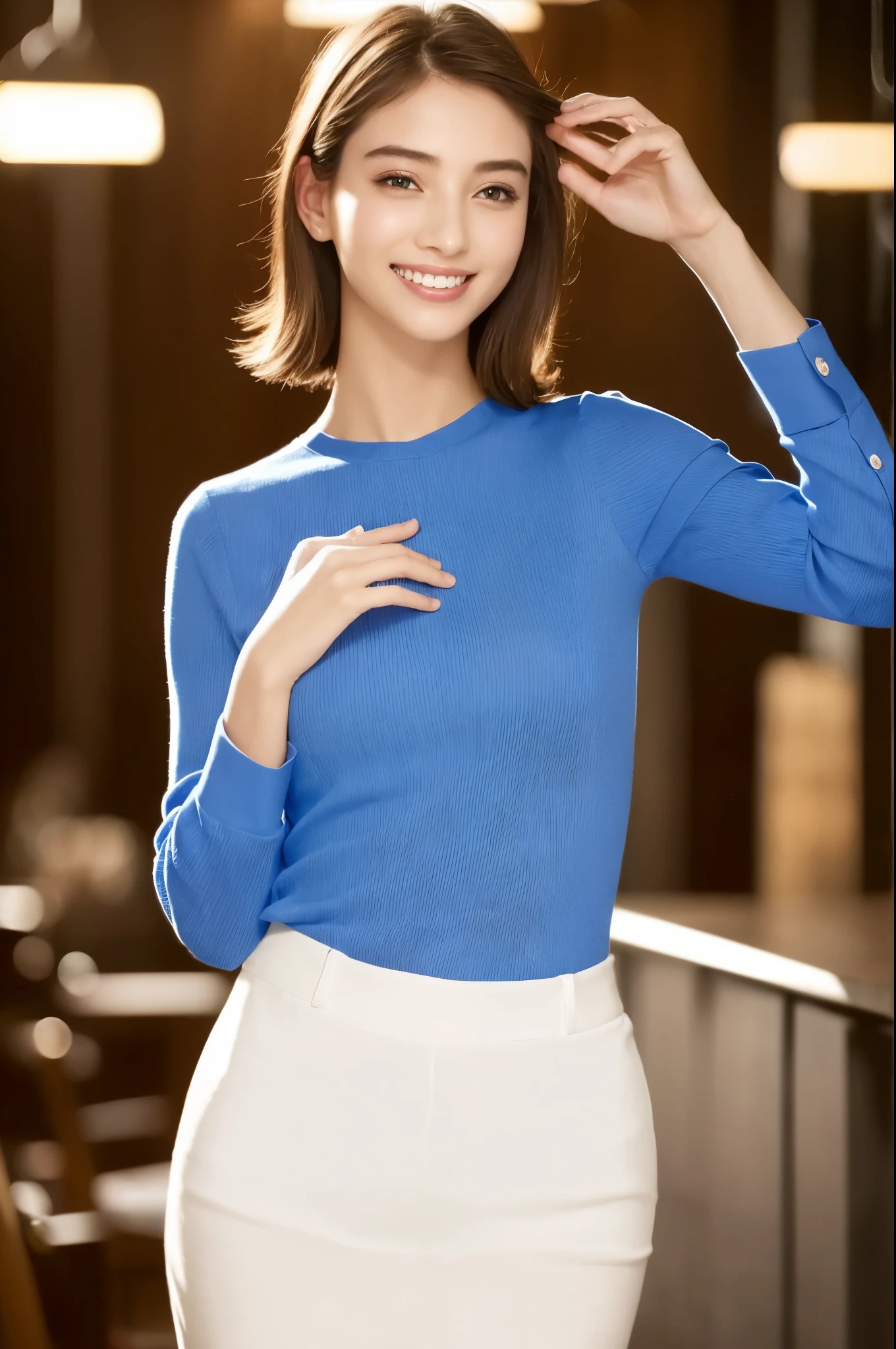 1 girl,(Wearing a blue blouse:1.2),(RAW photo, highest quality), (realistic, Photoreal:1.4), table top, very delicate and beautiful, very detailed, 2k wallpaper, wonderful, finely, very detailed CG Unity 8K 壁紙, super detailed, High resolution, soft light, beautiful detailed girl, very detailed目と顔, beautifully detailed nose, detailed and beautiful eyes,cinematic lighting,night city lights,perfect anatomy,slender body,smile