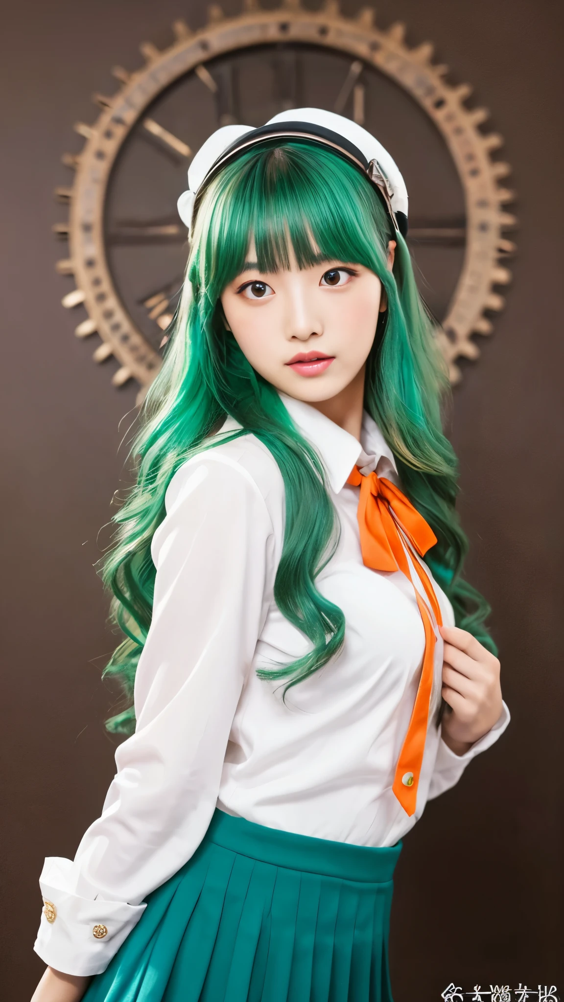((live 2d)) masterpiece, 1 girl, whole body, stand up straight, Steampunk clothes, uniform, looking at the viewer, detailed face, girl with green wavy hair, bangs, metal sheep horn, gradient hair, colorful hair, light green hair, turquoise hair tips, wavy hair, gradient eyes, orange eyes, (simple background, white background: 1.3)