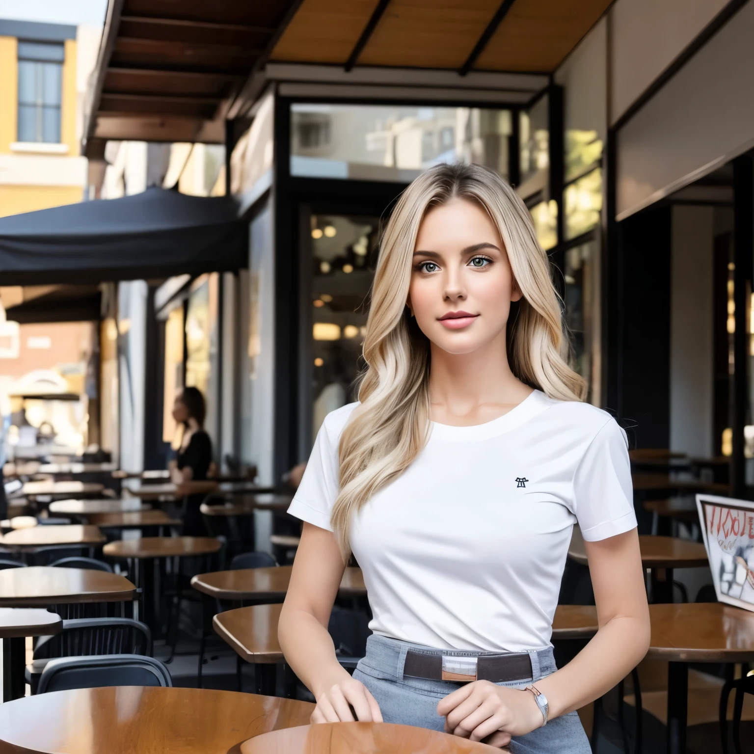 Hey, there's this really pretty white woman, looking like a mannequin, wearing a college shirt with a wide neck. She's checking out a bra, and there's a cafe in the background.