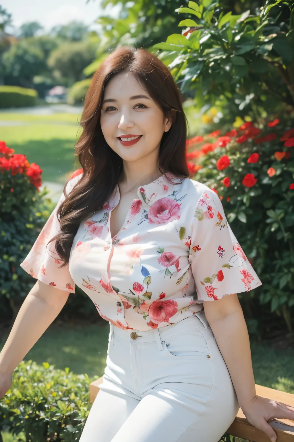 ((top quality、8k、masterpiece:1.3))、sharp focus, High level of image quality, high resolution，,floral red shirt，short sleeve，white jeans，，37-year-old woman with long wavy hair，Mature，charming smile，Draw lips correctly, red lipstick，stand，Chubby body，Big breasts，，garden background，stand up，full-body shot
