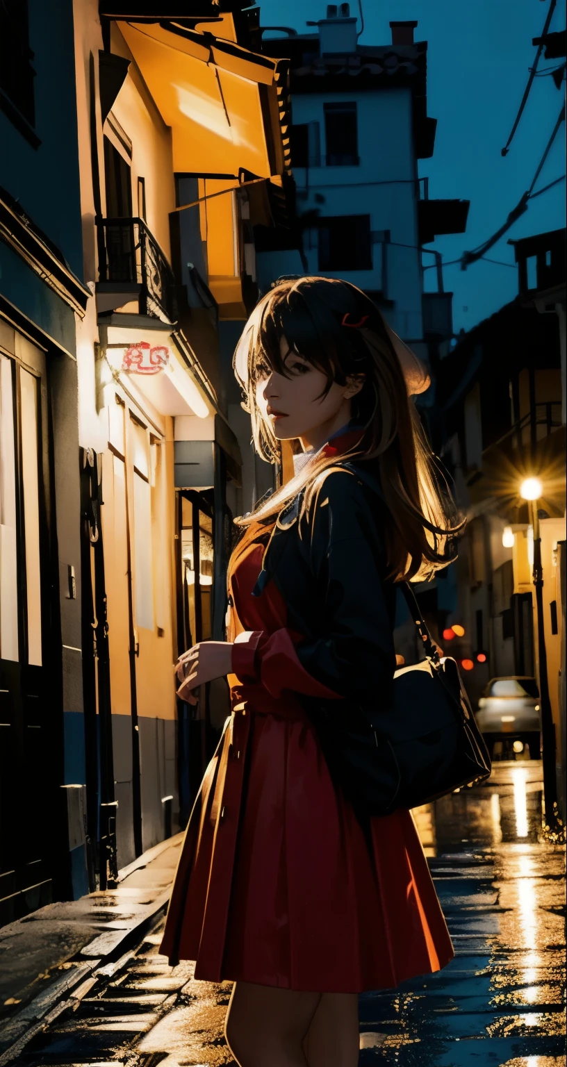 Mejor calidad, Obra maestra, realista, photorealista, 1 chica, solo, Mirando al espectador, cuerpo completo, de pie, pelo largo, disfraz de asuka, cosplay, traje enchufable, mono, adorno para el pelo, antecedentes detallados, en la calle, Noche, luz, lluvia, 