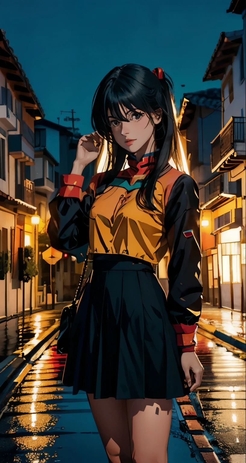 Mejor calidad, Obra maestra, realista, photorealista, 1 chica, solo, Mirando al espectador, cuerpo completo, de pie, pelo largo, disfraz de asuka, cosplay, traje enchufable, mono, adorno para el pelo, antecedentes detallados, en la calle, Noche, luz, lluvia,