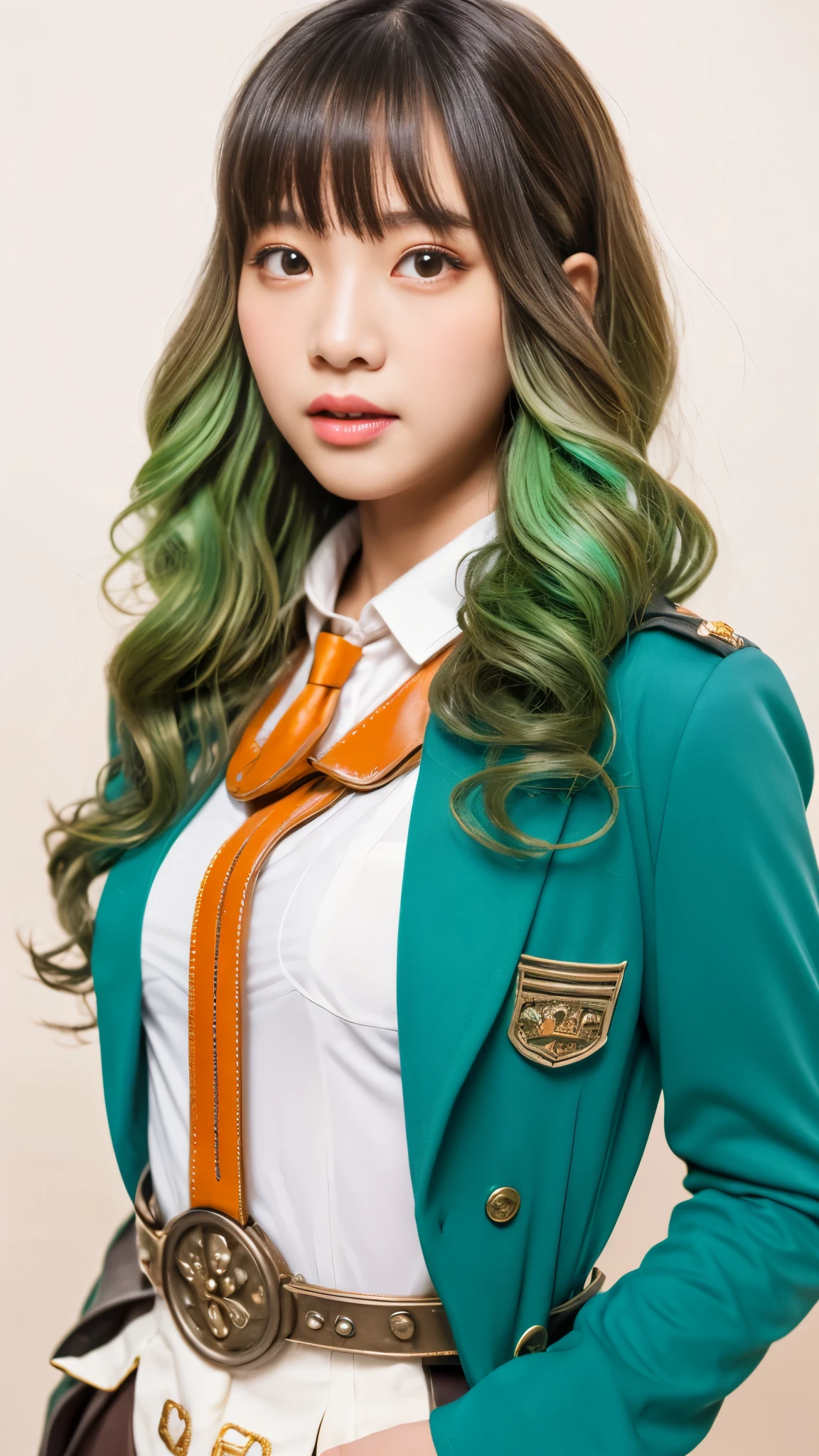 ((live 2d)) masterpiece, 1 girl, whole body, stand up straight, Steampunk clothes, uniform, looking at the viewer, detailed face, girl with green wavy hair, bangs, metal sheep horn, gradient hair, colorful hair, light green hair, turquoise hair tips, wavy hair, gradient eyes, orange eyes, (simple background, white background: 1.3)