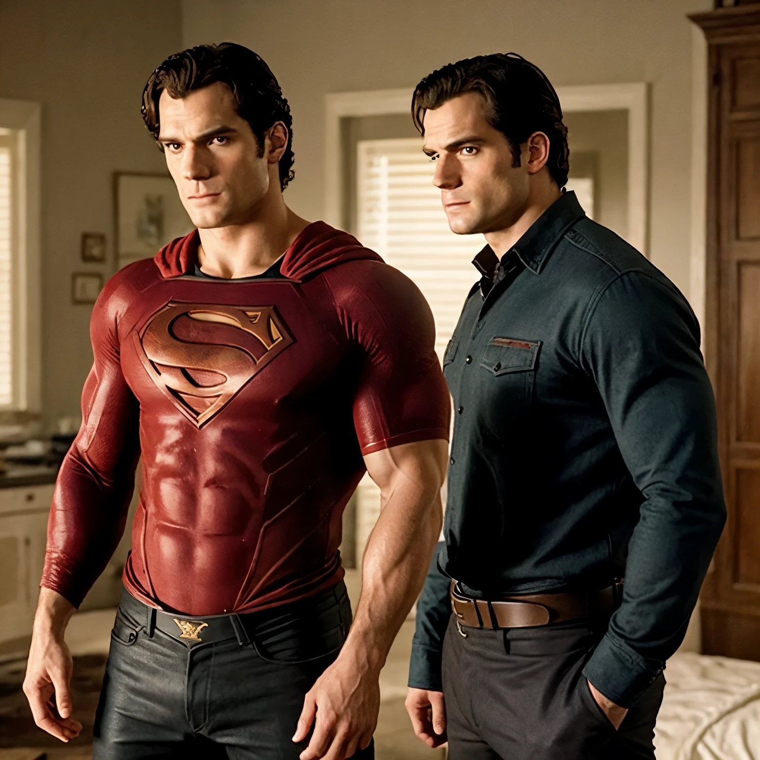 Henry cavill with a big ass getting fucked by Alan Ritchson, messy hair, hairy body