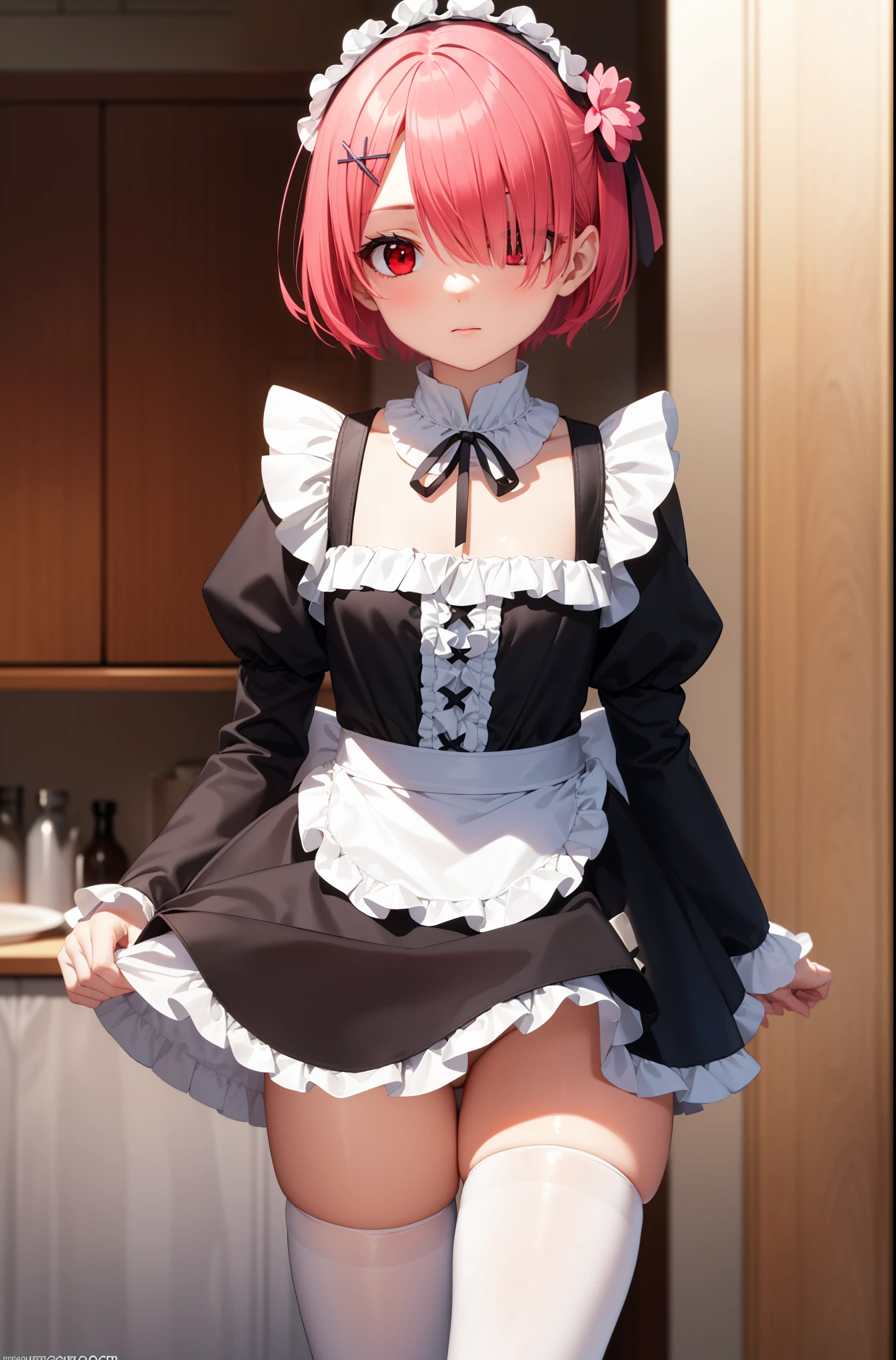 rezerorum, rum, hair flower, hair ornaments, hair above one eye, pink hair, (red eyes:1.5), short hair, x hair ornaments, bangs, blunt bangs, (flat chest:1.2),
break apron, black bow, black dress, black ribbon, bow, removed sleeve, dress, frillsエプロン, frills袖, frills, juliet sleeves, long sleeve, maid, neck ribbon, plump sleeves, ribbon, roswaal mansion maid uniform, Thighhighs, two-tone dress, waist apron, white bow, white dress, white Thighhighs,
break indoors, mansion,
break looking at viewer, (cowboy shot:1.5),
break (masterpiece:1.2), highest quality, High resolution, unity 8k wallpaper, (figure:0.8), (detailed and beautiful eyes:1.6), highly detailed face, perfect lighting, Very detailed CG, (perfect hands, perfect anatomy),