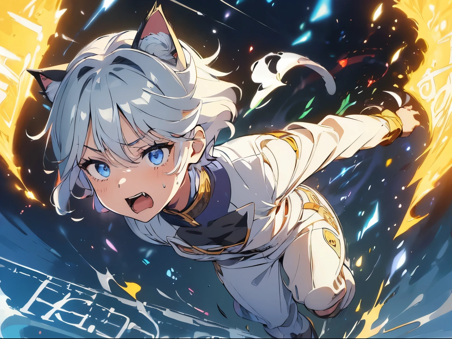 (boy:1.5)，masterpiece, A world where magic and technology coexist, (Cat ear:1.5)，Cat ear男子 (gray hair, short hair) ，boyish，beautiful eyes、fantasy，depicted in detail，Upper body，sacred magic，Shining magic，pants，sing a song，(running:1.9)，Paled face，(sweaty skin:1.5)，escape in collapse billding，