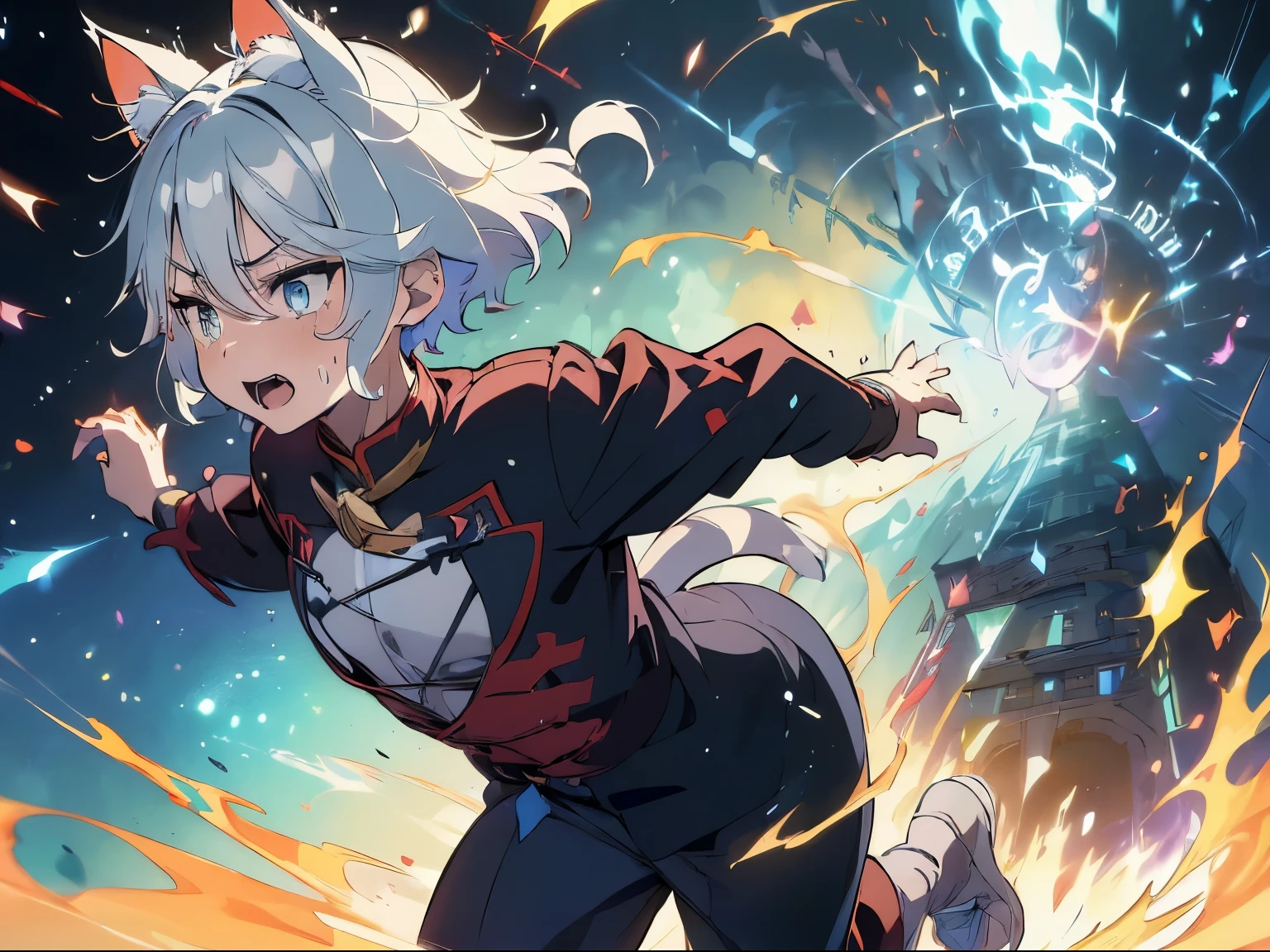(boy:1.5)，masterpiece, A world where magic and technology coexist, (Cat ear:1.5)，Cat ear男子 (gray hair, short hair) ，boyish，beautiful eyes、fantasy，depicted in detail，Upper body，sacred magic，Shining magic，pants，sing a song，(running:1.9)，Paled face，(sweaty skin:1.5)，escape in collapse billding，
