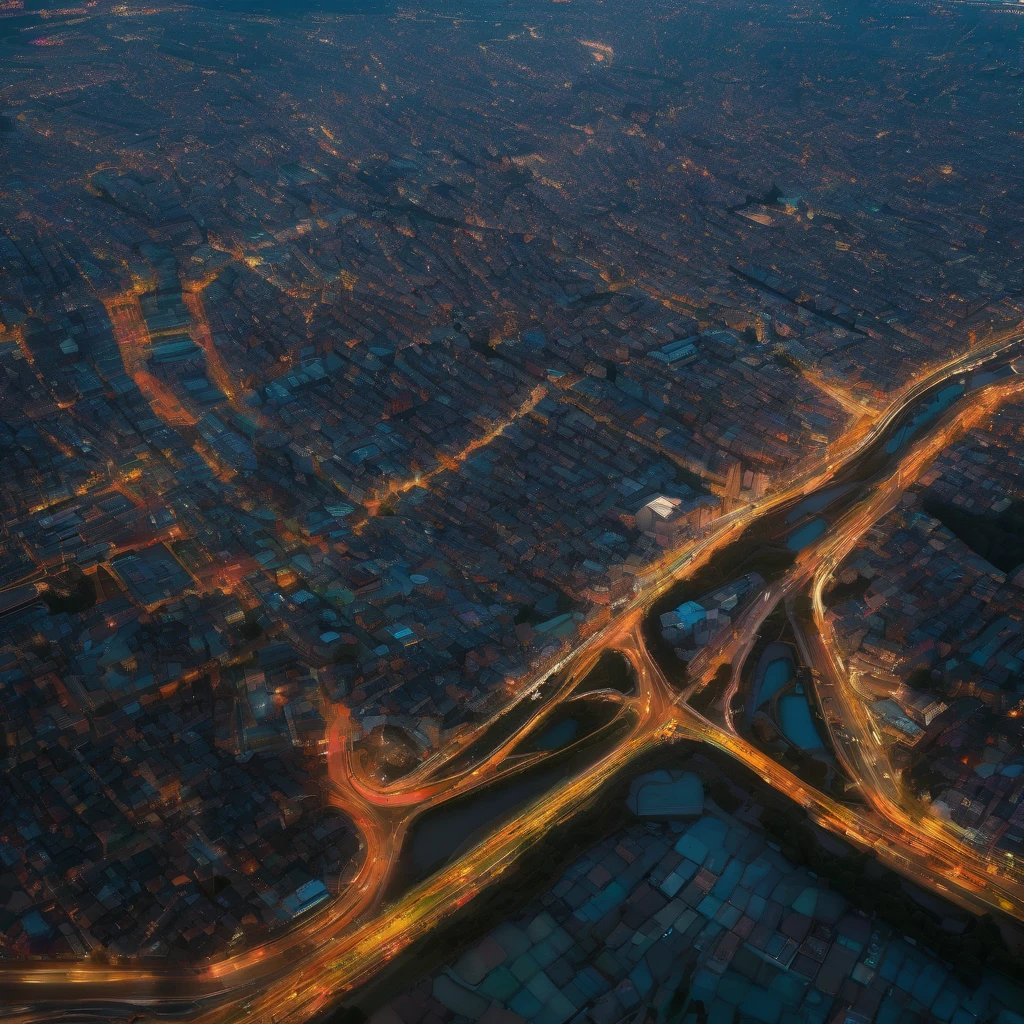 Aerial View, aesthetic, extremely detailed, color photo of Aerial View,vivid hues,sharp contrasts,majestic landscapes below,snaking rivers,patchwork fields,urban sprawl,sun glinting off skyscrapers,plush greenery,distant mountains,shifting clouds,scarce shadows,nature's tapestry from above,night descending,transition from daylight to dusk,artificial lights flickering to life,twilight's final embers,velvety darkness enveloping,skyline silhouettes,ambient city glow,subdued tones,ethereal tranquility,Canon EOS 5D Mark IV,Kodak Portra 160 film,24-70mm f/2.8L lens,long exposure,high altitude stabilization,David Lynch,Stanley Kubrick,Wes Anderson,Vivienne Westwood,Alexander McQueen,Tim Walker