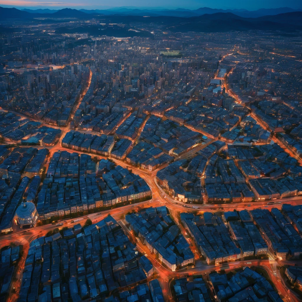 Aerial View, aesthetic, extremely detailed, color photo of Aerial View,vivid hues,sharp contrasts,majestic landscapes below,snaking rivers,patchwork fields,urban sprawl,sun glinting off skyscrapers,plush greenery,distant mountains,shifting clouds,scarce shadows,nature's tapestry from above,night descending,transition from daylight to dusk,artificial lights flickering to life,twilight's final embers,velvety darkness enveloping,skyline silhouettes,ambient city glow,subdued tones,ethereal tranquility,Canon EOS 5D Mark IV,Kodak Portra 160 film,24-70mm f/2.8L lens,long exposure,high altitude stabilization,David Lynch,Stanley Kubrick,Wes Anderson,Vivienne Westwood,Alexander McQueen,Tim Walker