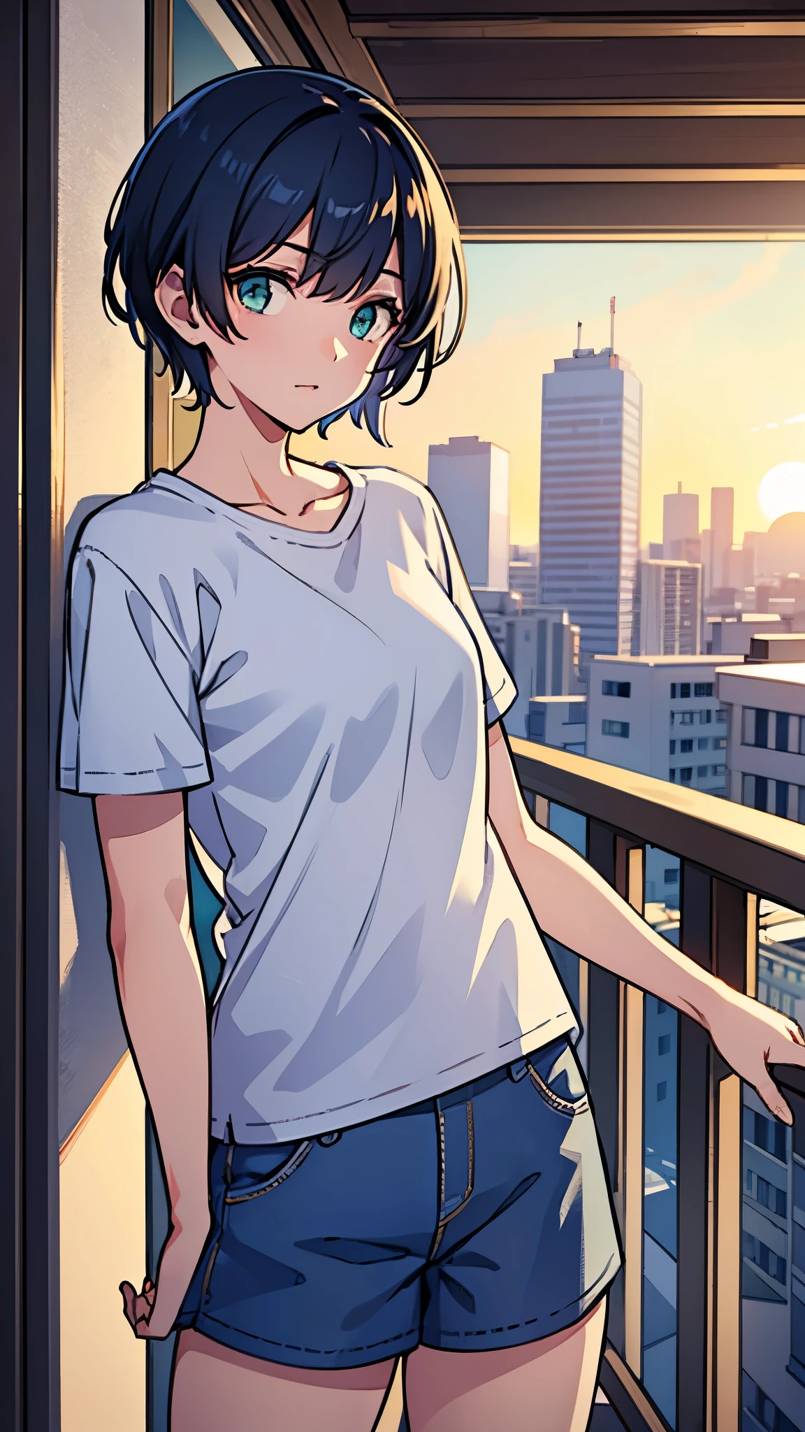 A girl standing in a balcony, white T-shirt, blue shorts, short hair, cute face, green eyes, watching the city with the sunset, gradient lighting, soft lighting, extreamly detailed, highly deatailed, wlop art style