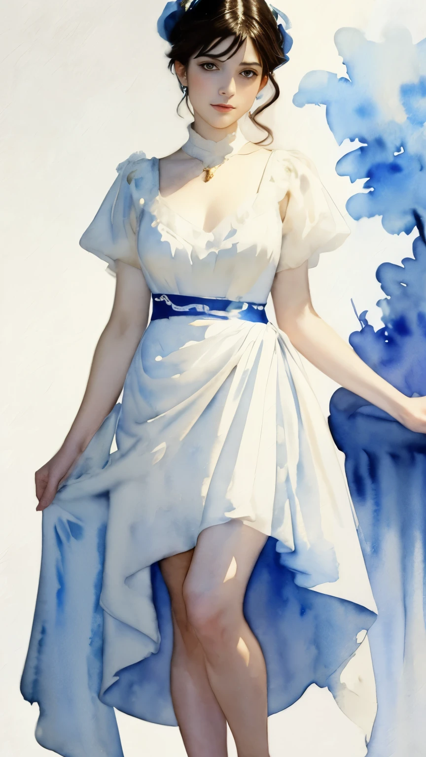 (((Watercolor painting by Singer Sargent))) Woman posing for a photo wearing a white and gold short skirt dress. Bold brushwork