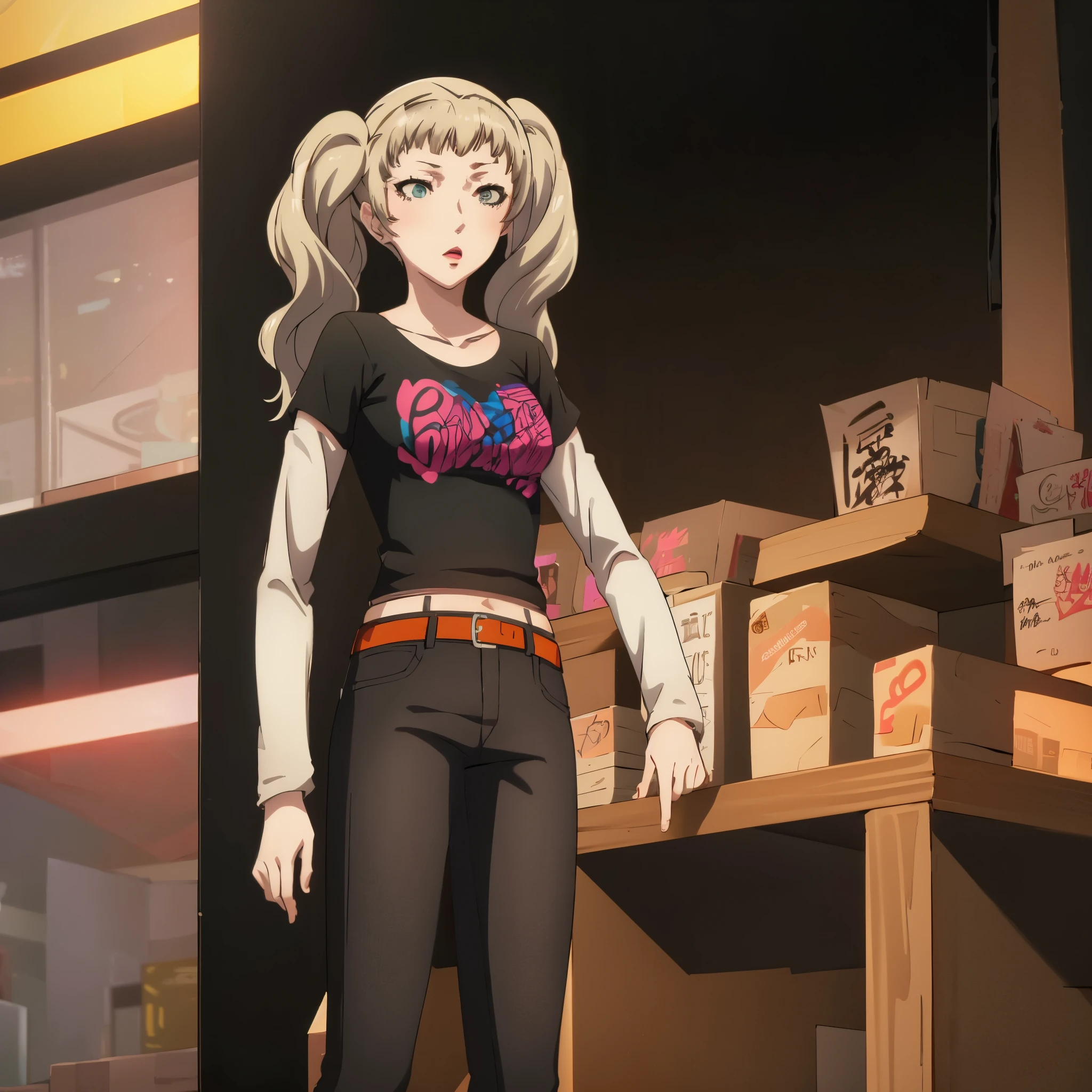 The face of Ann takamaki, blonde hair, twintails, ichiko ohya, best quality, masterpiece, 1girl, solo, standing, black t-shirt, white shirt, blue jeans, belt, lipstick, eyewear on head,
