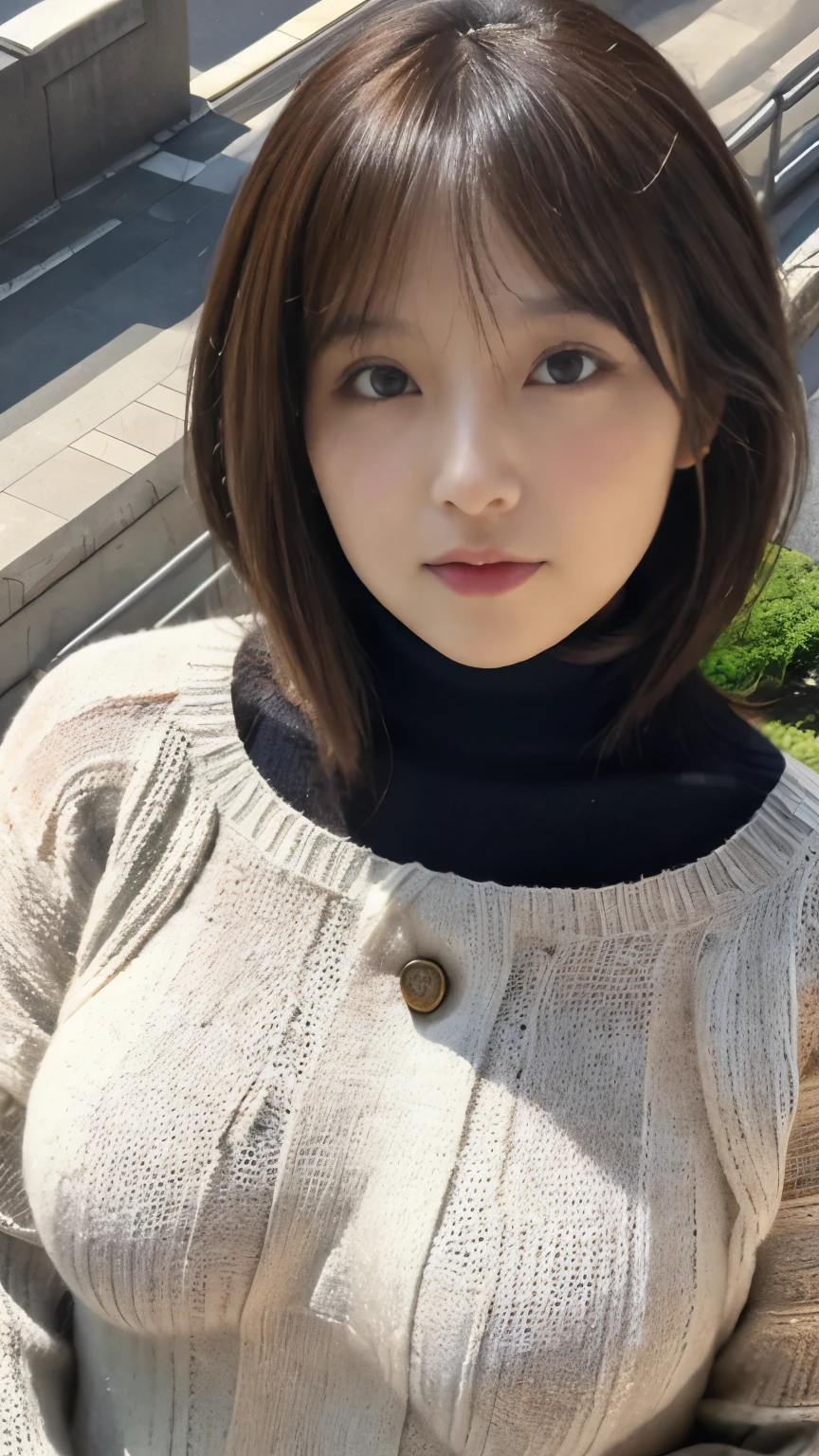 (((1girl)))((best qualtiy, 8K, tmasterpiece:1.3)),((Sharp:1.2, perfect figure beautiful woman:1.4, Slim abs:1.2)), ((Layered Hair Style, huge tit:1.3)),((Highly detailed facial and skin texture,A detailed eye,Black eye,double eyelid, droopy eyes)),(japan girl:1.5)(Brown Hair,Bob Cut)(Turtleneck sweater:1.8),(japan street:1.3)(from above:1.5)