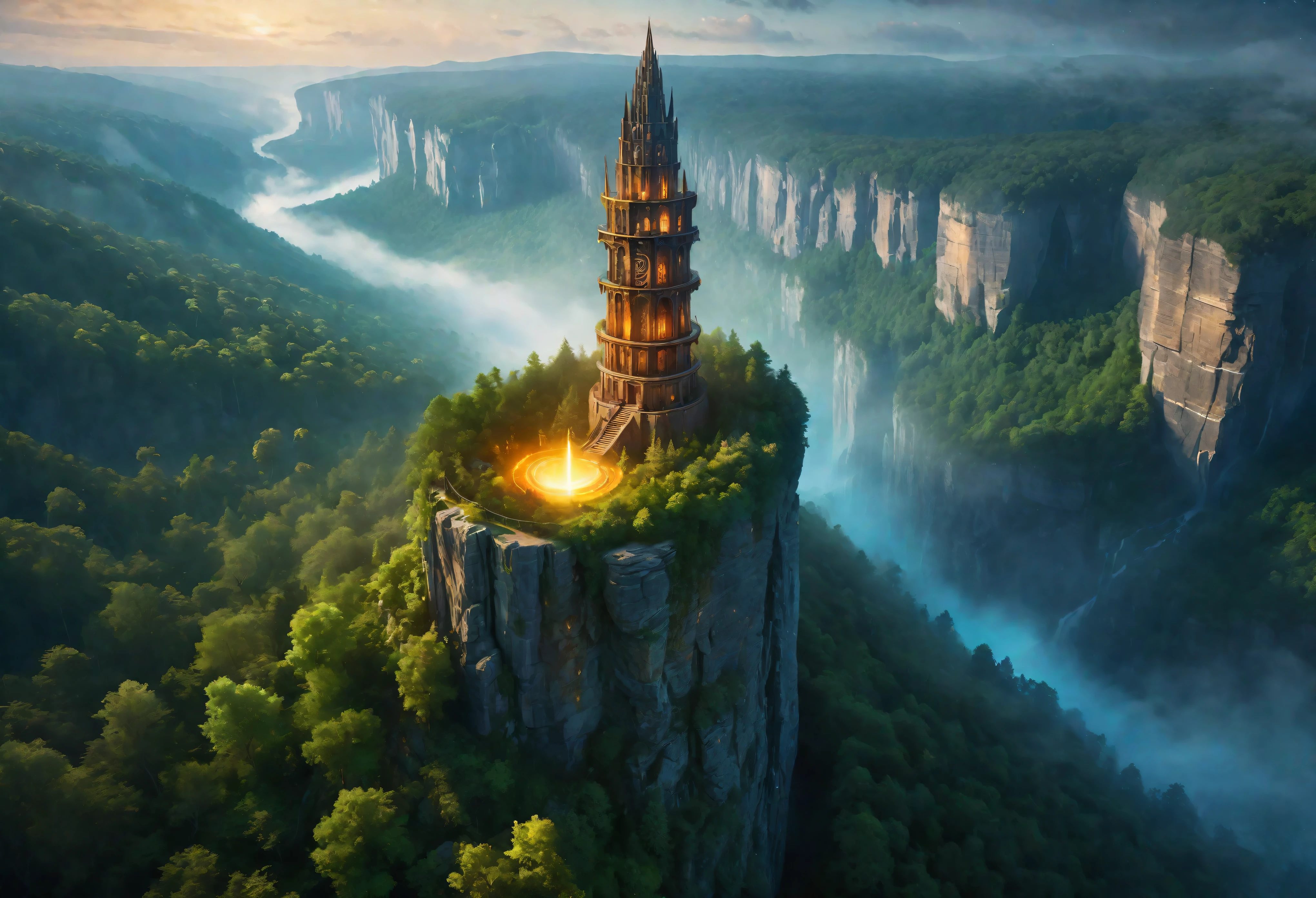 Aerial view of Towering steep and towering high magic tower in a cliff, wild forest, magical mist, asymmetric magic circle cliff canyon, ((Aerial view):1.2), (glowing runes), (glowing sigil), Coexistence with the natural environment, magic circle tower, lush colorful wild forest, beautiful landscape, magic tower, extremely detailed, best quality, masterpiece, high resolution, Hyperrealistic, 8K, top-view, high angle view, BlueColor Palette, Minimalism.