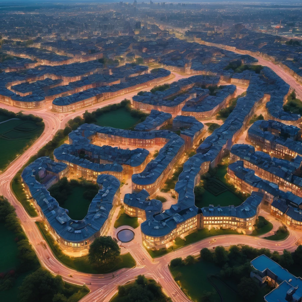 Aerial View, aesthetic, extremely detailed, color photo of Aerial View,vivid hues,sharp contrasts,majestic landscapes below,snaking rivers,patchwork fields,urban sprawl,sun glinting off skyscrapers,plush greenery,distant mountains,shifting clouds,scarce shadows,nature's tapestry from above,night descending,transition from daylight to dusk,artificial lights flickering to life,twilight's final embers,velvety darkness enveloping,skyline silhouettes,ambient city glow,subdued tones,ethereal tranquility,Canon EOS 5D Mark IV,Kodak Portra 160 film,24-70mm f/2.8L lens,long exposure,high altitude stabilization,David Lynch,Stanley Kubrick,Wes Anderson,Vivienne Westwood,Alexander McQueen,Tim Walker