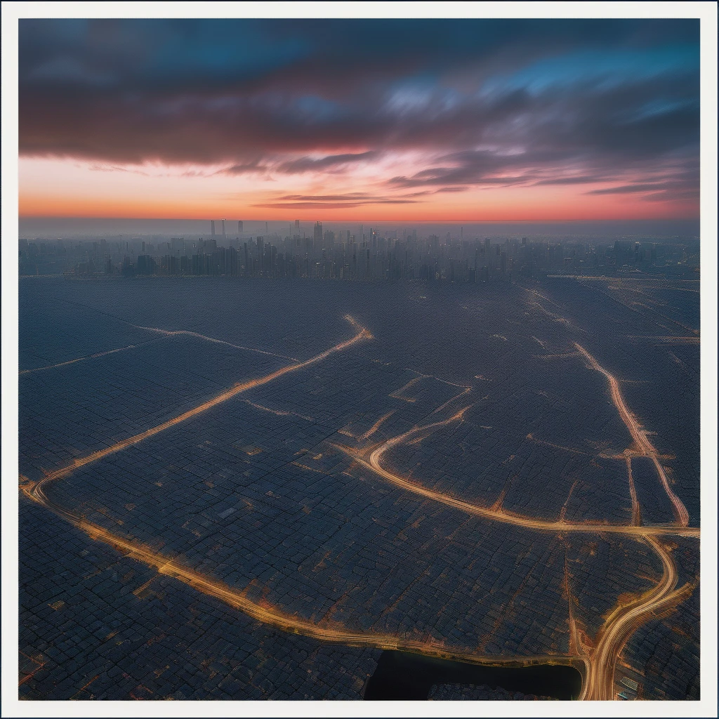 Aerial View, aesthetic, extremely detailed, color photo of Aerial View,vivid hues,sharp contrasts,majestic landscapes below,snaking rivers,patchwork fields,urban sprawl,sun glinting off skyscrapers,plush greenery,distant mountains,shifting clouds,scarce shadows,nature's tapestry from above,night descending,transition from daylight to dusk,artificial lights flickering to life,twilight's final embers,velvety darkness enveloping,skyline silhouettes,ambient city glow,subdued tones,ethereal tranquility,Canon EOS 5D Mark IV,Kodak Portra 160 film,24-70mm f/2.8L lens,long exposure,high altitude stabilization,David Lynch,Stanley Kubrick,Wes Anderson,Vivienne Westwood,Alexander McQueen,Tim Walker
