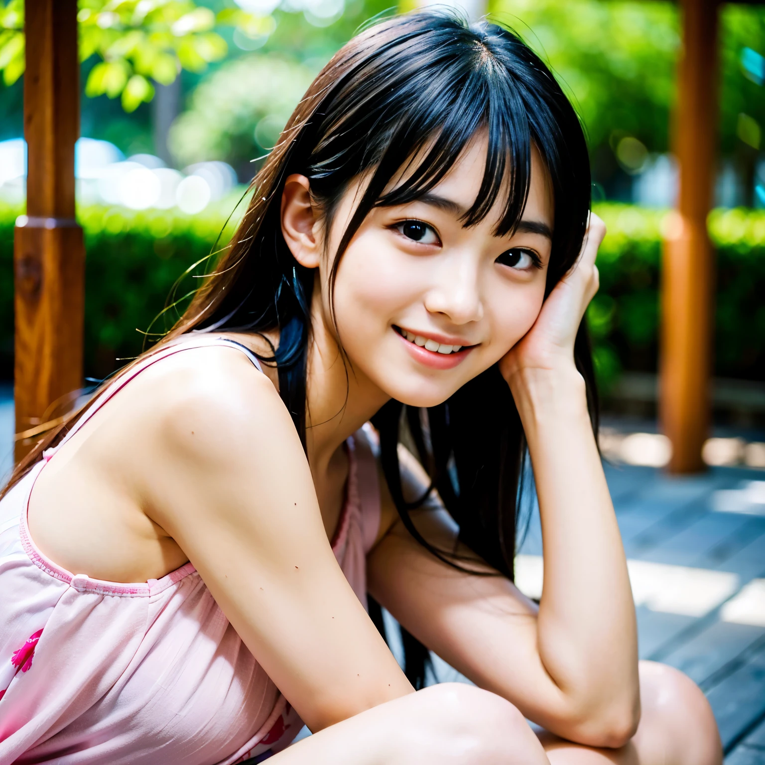 Best-quality, Masterpiece, Ultra-High-Resolution, (Photorealistic:1.4), Raw-Photo, 1girl, 15-years-old, the most popular Japanese idol, innocent-smile, extremely cute face like the most popular Japanese idol, extremely beautiful big-black-solid-circle-eyes like the most popular Japanese idol, extremely beautiful black-hair, extremely beautiful long-eyelashes, extremely beautiful lips, extremely beautiful skins