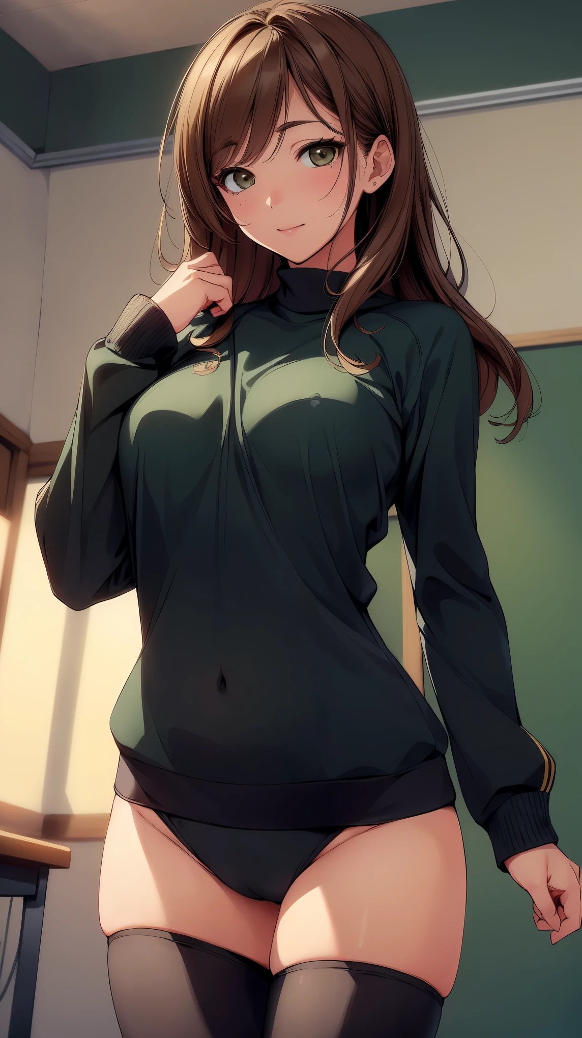 concept:A portrait of a beautiful woman。 quality:NSFW, (最高quality, 4k, High resolution, masterpiece:1.2), Super detailed, (real, photorealistic:1.37), illumination:cinematic light, Bright colors and mesmerizing effects, 柔らかく繊細なillumination, gentle shine, Lens flare, The overall atmosphere of the scene, Subject information:alone, (((young woman))), (round eyes), (small face), (high detail skin:1.2), long eyelashes, glossy lips, (brown hair, long straight, Black eyes), attractive big breasts, (slim body shape:1.4), Highly detailed face and skin texture, (((Gym suit, green bloomers))), (happy expression), ((upper glance, Composition overlooking:1.4)), (leaning forward:1.9, photo shootのためポーズをとる), Other details:in the school classroom:1.5, Are standing, beautiful skin, shiny skin, perfect fingers, five fingers, anatomically correct, background bokeh, 500㎜, f/4, photo shoot,