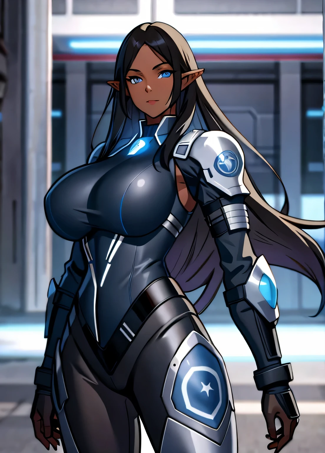 black sci-fi armor, long black hair, long elf ears, colored skin, brown skin, blue eyes, gigantic breasts, black pistol, solo, standing, upper body