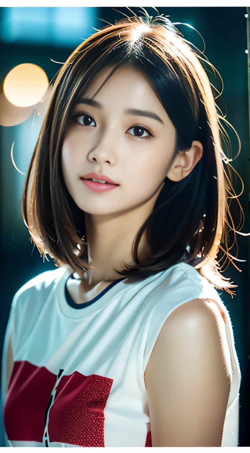 product quality, 1 girl per photo, Japanese young cute girl, long bob hair, Wearing a T-shirt with graphics printed on it, super cute face, glossy lips, double eyelids of both eyes, natural makeup, shiny smooth light brown hair of ロングヘア, asymmetrical bangs, tanned skin, center image, 8K resolution, high detail, detailed hairstyle, detailed face, cinematic lighting, octane rendering, surreal, perfect limbs, perfect anatomy