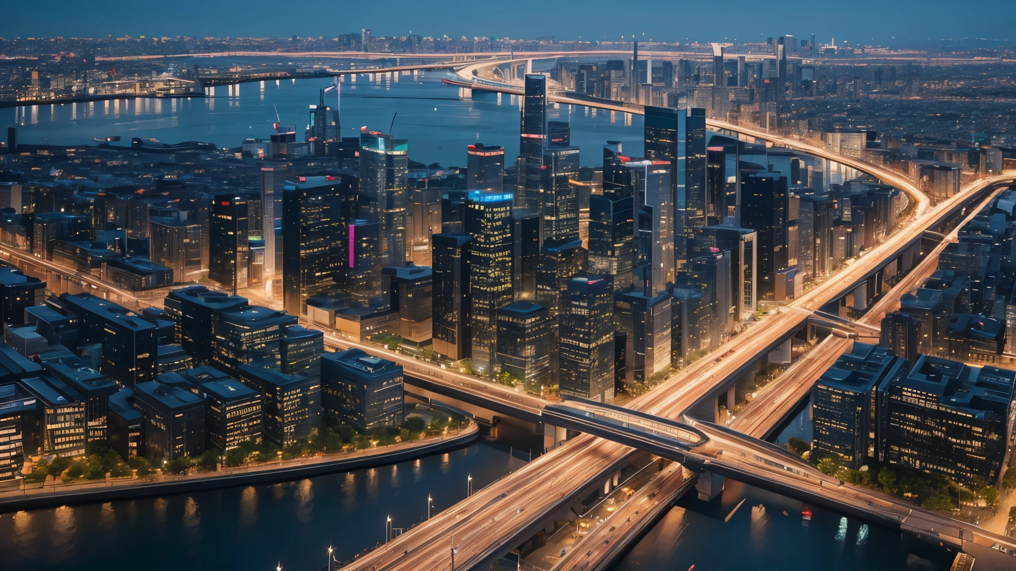 aerial view,aerial perspective,bird's-eye view,landscape,panorama,detailed city,cityscape,urban,tall buildings,skyscrapers,traffic,streets,grid pattern,modern architecture,metropolis,expansive,high-rise buildings,glass facades,contemporary,urban jungle,advanced infrastructure,vibrant, bustling,lights,night scene,glowing,lively,fast-paced,development,progress,prosperity,economic hub,diverse,multicultural,artistic,cultural landmarks,museums,parks,gardens,green spaces,water,river,bridges,connectivity,advanced technology,innovation,community,harmony,Elevated walkways,public spaces,expanse of roofs,beautiful skyline,vivid colors,bokeh,HDR,UHD,ultra-detailed,sharp focus,photorealistic,vibrant colors,professional lighting
