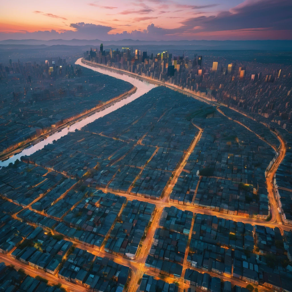 Aerial View, aesthetic, extremely detailed, color photo of Aerial View,vivid hues,sharp contrasts,majestic landscapes below,snaking rivers,patchwork fields,urban sprawl,sun glinting off skyscrapers,plush greenery,distant mountains,shifting clouds,scarce shadows,nature's tapestry from above,night descending,transition from daylight to dusk,artificial lights flickering to life,twilight's final embers,velvety darkness enveloping,skyline silhouettes,ambient city glow,subdued tones,ethereal tranquility,Canon EOS 5D Mark IV,Kodak Portra 160 film,24-70mm f/2.8L lens,long exposure,high altitude stabilization,David Lynch,Stanley Kubrick,Wes Anderson,Vivienne Westwood,Alexander McQueen,Tim Walker