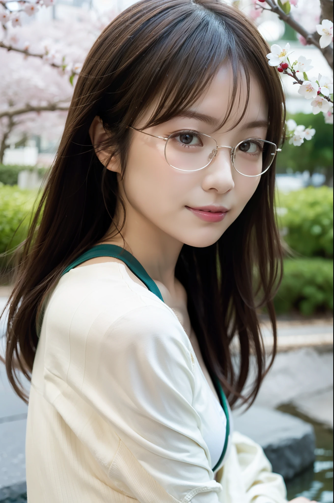 In 8K,highest quality:1.4, 超A high resolution:1.5, (realistic:1.4),masterpiece:1.2,(highest quality:1.4)、 RAW photo、(background is blurry),、Nogizaka、cute、glasses、supple fingertips,beautiful black eyes、natural skin texture:1.3, Realistic eye and face details:1.7、medium breasts、look at the viewer、beautiful feet、Spring、long sleeve、High resolution、 one beautiful young woman、 (soft saturation:1.3)、(white skin:1.2)、 (非常にdetailed background、detailed background)、Bokeh、 break,Portrait of a smiling girl。Seen from the front、The composition is symmetrical。 Look straight ahead with serious eyes、break towel wrap、towel wrap、medium breasts、 outside the house、Uncharted、null、Light of the sun、Scenery of cherry blossom trees、 strong light、with front light、 (teenager:1.3)、(cowboy shot:1.2)、Break angle from the front、 looking at the viewer、red bikini, dynamic pose、 sitting in front of a cherry tree、seaweed、seaweed、seaweed、seaweed、seaweed、seaweed、