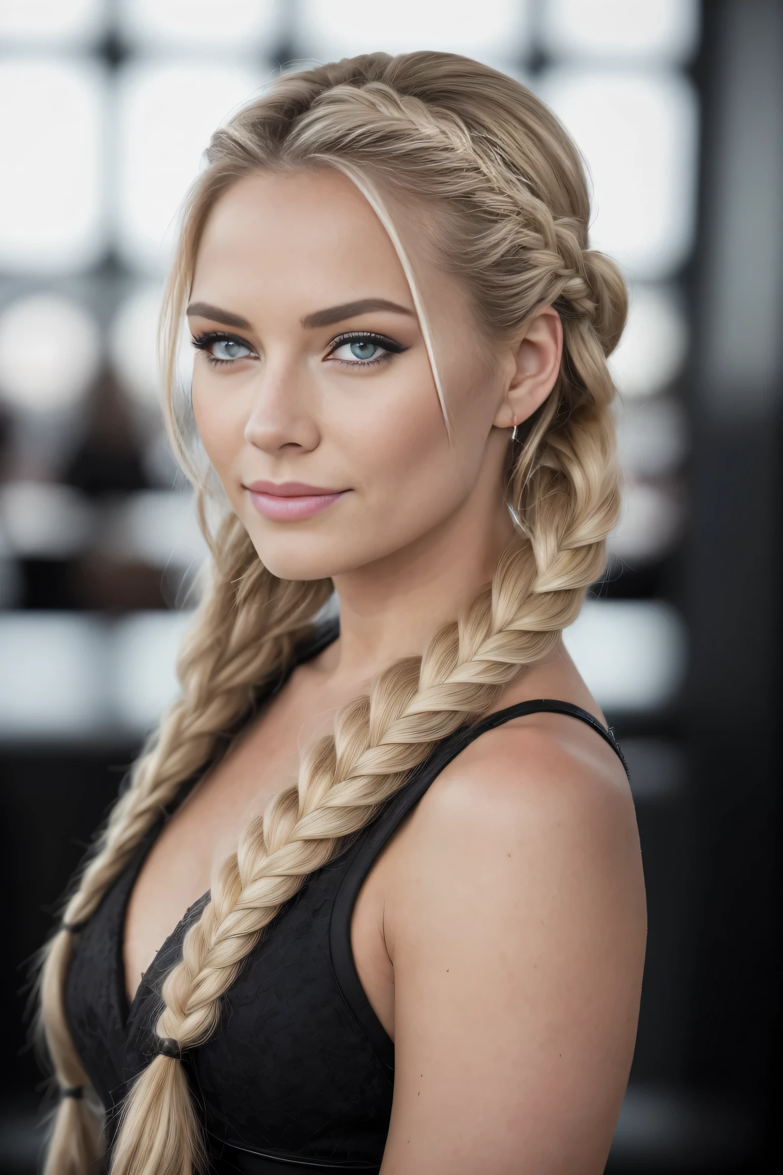 ROH, analog, Nikon Z 85mm, award-winning glamor photo,((best quality)), ((Meisterwerk)), ((Realistisch)) , stechenden Augen, schaut geradeaus, very happy, blondes Haar, Quad braids, in an airport cafe, Nachmittagslicht, Flughafen