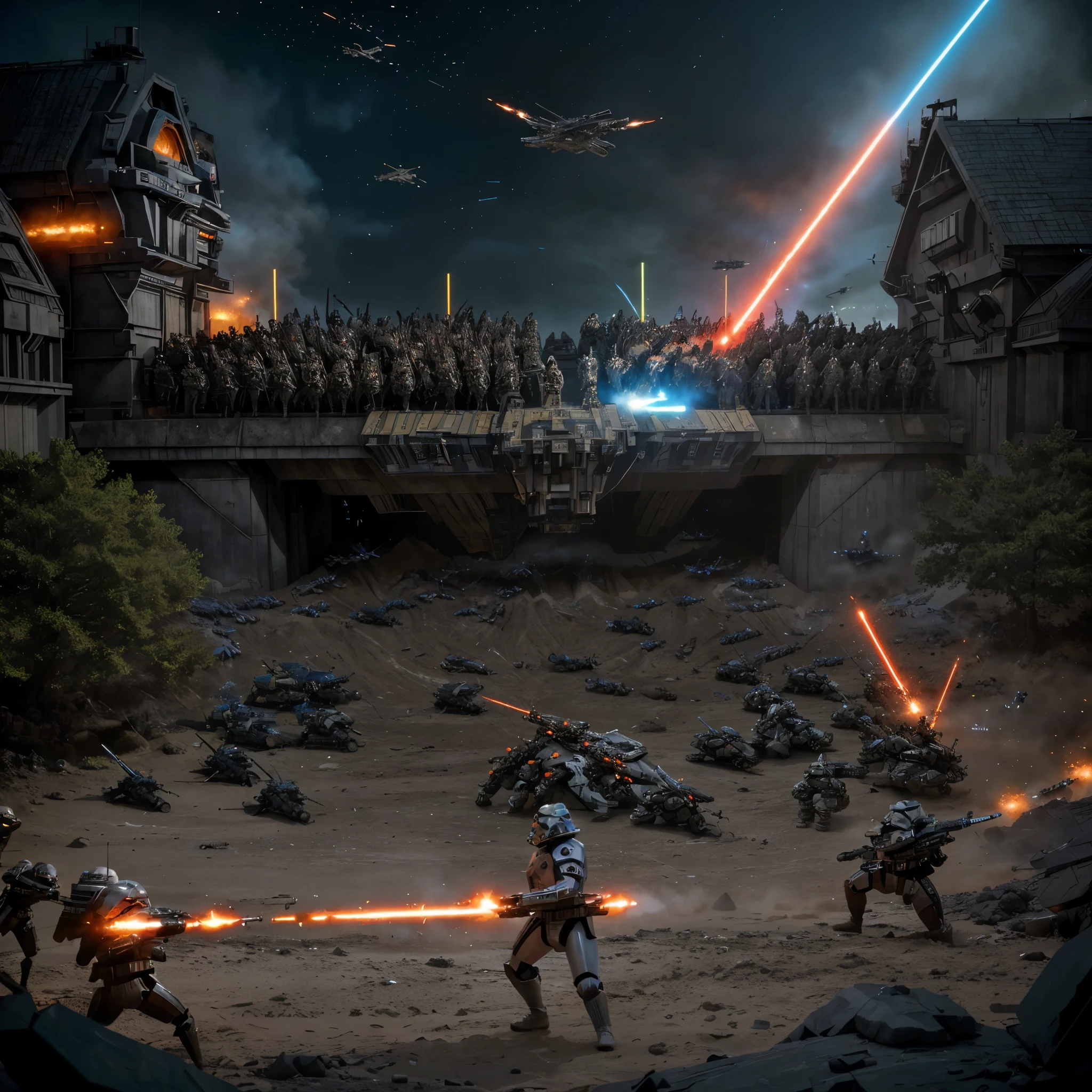 (aerial view,Gungan army fighting droid army,Star Wars),action-packed battle scene,detailed Gungan warriors,explosions and blaster fire,vibrant colors,dynamic lightsabers,realistic special effects,sci-fi atmosphere,epic proportions,immersive battle environment,huge droid army,thrilling combat,electrifying energy of the battle,massive war machines,awe-inspiring battleships,jaw-dropping visual spectacle,stunning choreographed fight sequences,grand scale of the conflict,futuristic weaponry and technology,high-res cinematic quality,otherworldly landscapes,iconic characters,charismatic generals,strong sense of heroism,military strategies and tactics,strategic deployments and maneuvers,dangerous skirmishes,heroic sacrifice,breathtaking aerial stunts,expansive battlefield,artistic camera angles,dramatic perspective shifts,intense emotions and expressions,high-octane action,emblematic Star Wars setting,visceral impact,immersive audio design,unforgettable battle experience