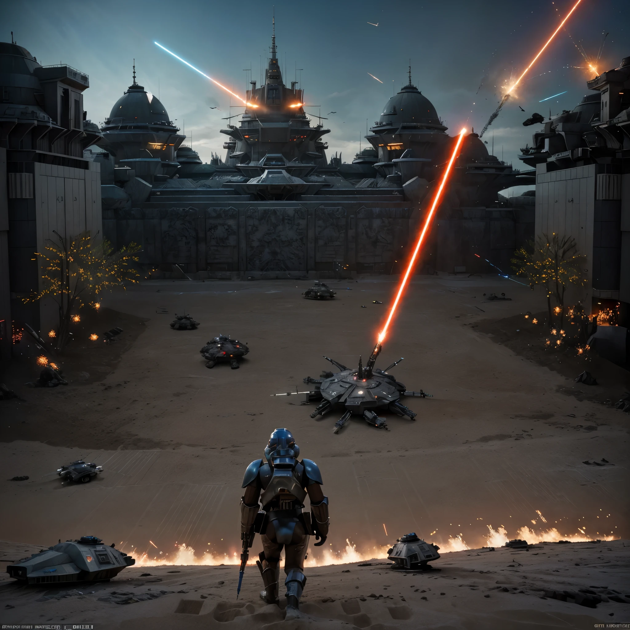 (aerial view,Gungan army fighting droid army,Star Wars),action-packed battle scene,detailed Gungan warriors,explosions and blaster fire,vibrant colors,dynamic lightsabers,realistic special effects,sci-fi atmosphere,epic proportions,immersive battle environment,huge droid army,thrilling combat,electrifying energy of the battle,massive war machines,awe-inspiring battleships,jaw-dropping visual spectacle,stunning choreographed fight sequences,grand scale of the conflict,futuristic weaponry and technology,high-res cinematic quality,otherworldly landscapes,iconic characters,charismatic generals,strong sense of heroism,military strategies and tactics,strategic deployments and maneuvers,dangerous skirmishes,heroic sacrifice,breathtaking aerial stunts,expansive battlefield,artistic camera angles,dramatic perspective shifts,intense emotions and expressions,high-octane action,emblematic Star Wars setting,visceral impact,immersive audio design,unforgettable battle experience