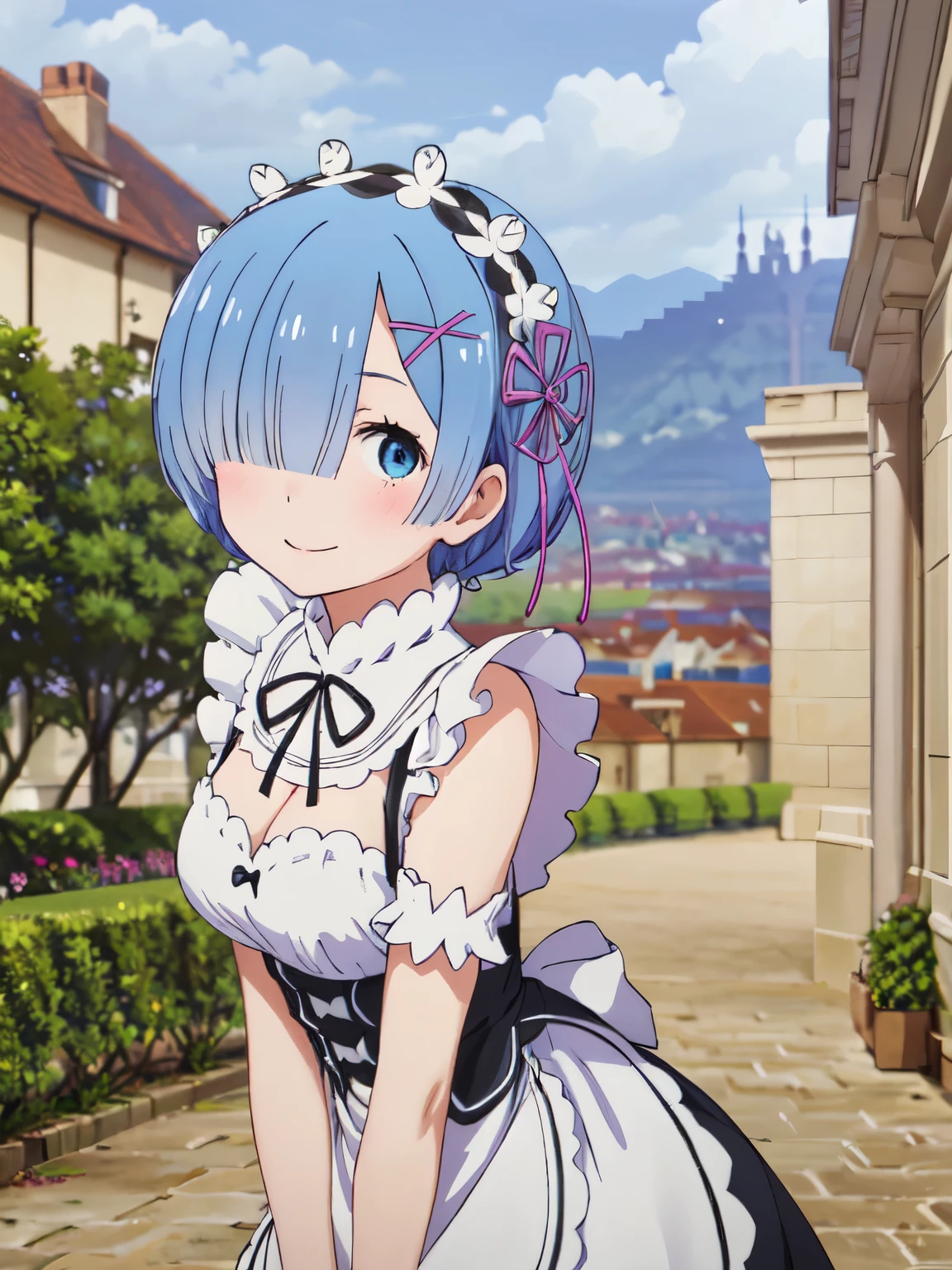 (((pixel perfect, Perfect in every detail))), alone, 1 girl, Rem, Loire mansion maid uniform, maid headdress, looking at the viewer, smile