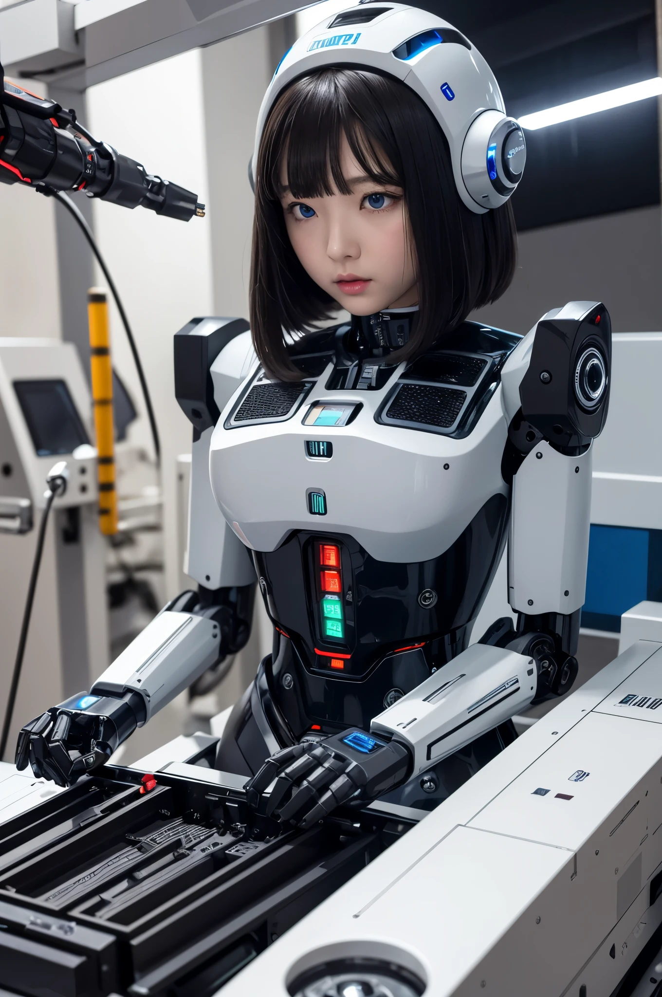 masterpiece, best quality, extremely detailed, Japaese android girl,Plump ,control panels,android,Droid,Mechanical Hand, Robot arms and legs,Blunt bangs,perfect robot girl,long tube,thick cable connected her neck,android,robot,humanoid,cyborg,japanese cyborg girl ,robot-assembly plant,She has assembled now,assembly scene,chest monitor,blue eyes