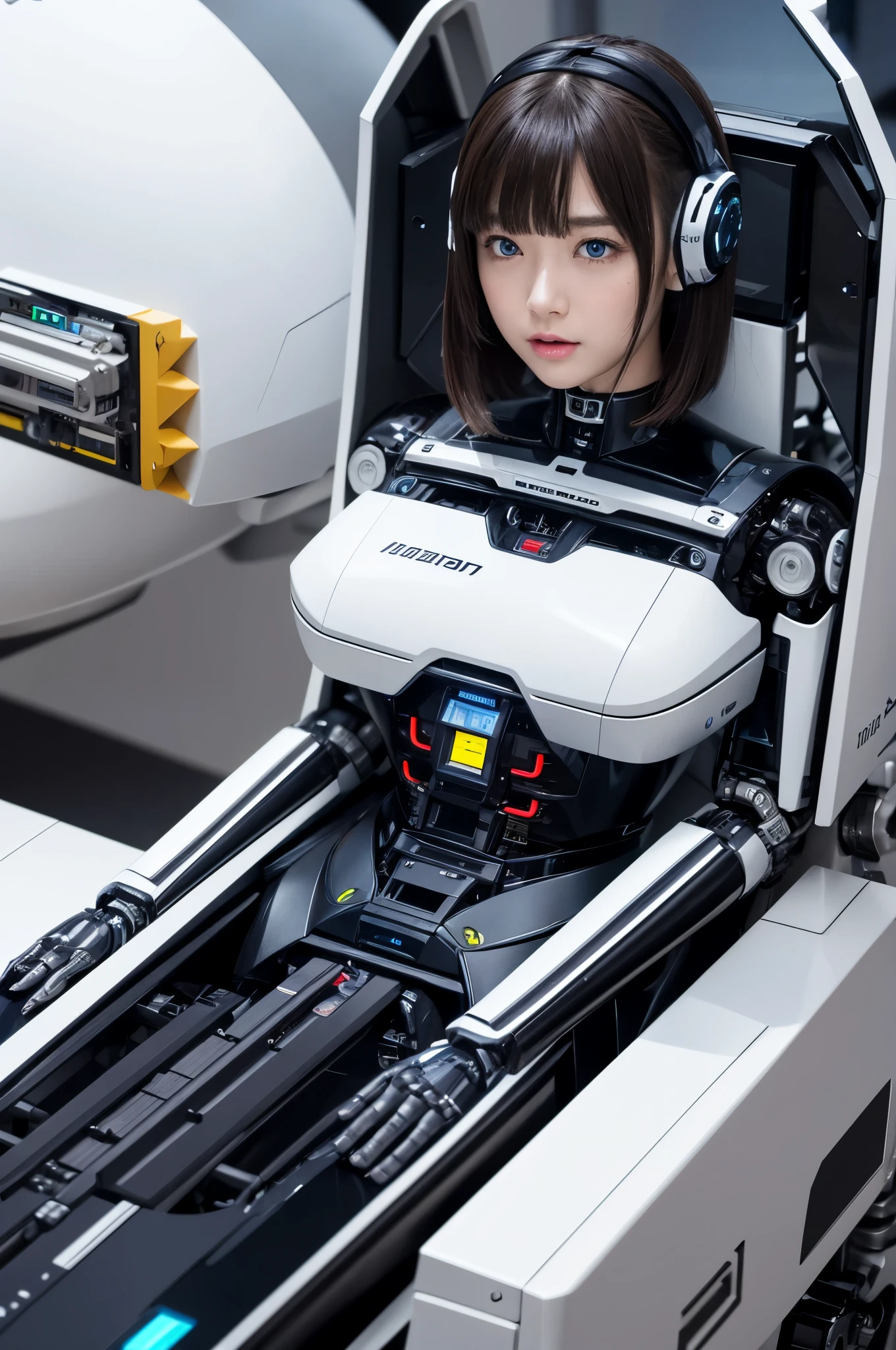 masterpiece, best quality, extremely detailed, Japaese android girl,Plump ,control panels,android,Droid,Mechanical Hand, Robot arms and legs,Blunt bangs,perfect robot girl,long tube,thick cable connected her neck,android,robot,humanoid,cyborg,japanese cyborg girl ,robot-assembly plant,She has assembled now,assembly scene,chest monitor,blue eyes