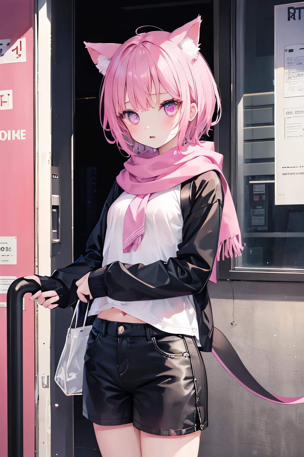 all monochrome、Only the eyes are pink、masutepiece, full body Esbian、Girl alone, Solo, Looking at the camera、Incredibly absurd,, Street, plein air,