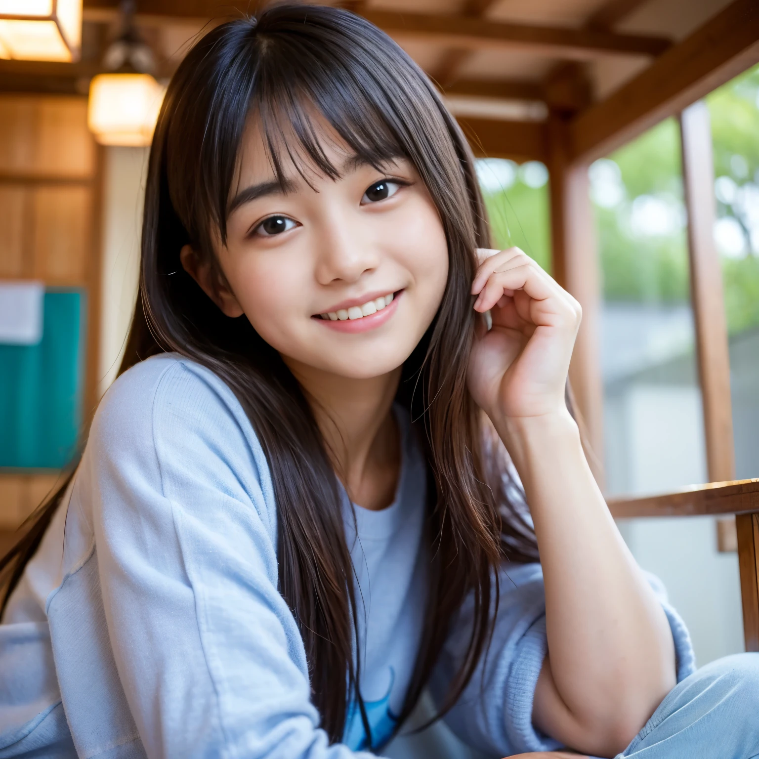 (highest quality, masterpiece), (beautiful japanese girl), (freckles:0.6), ponytail, smile, Publicity photo