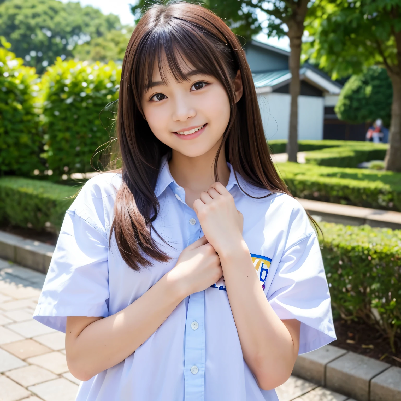 Best-quality, Masterpiece, Ultra-High-Resolution, (Photorealistic:1.4), Raw-Photo, 1girl, 15-years-old, the most popular Japanese idol, innocent-smile, extremely cute face like the most popular Japanese idol