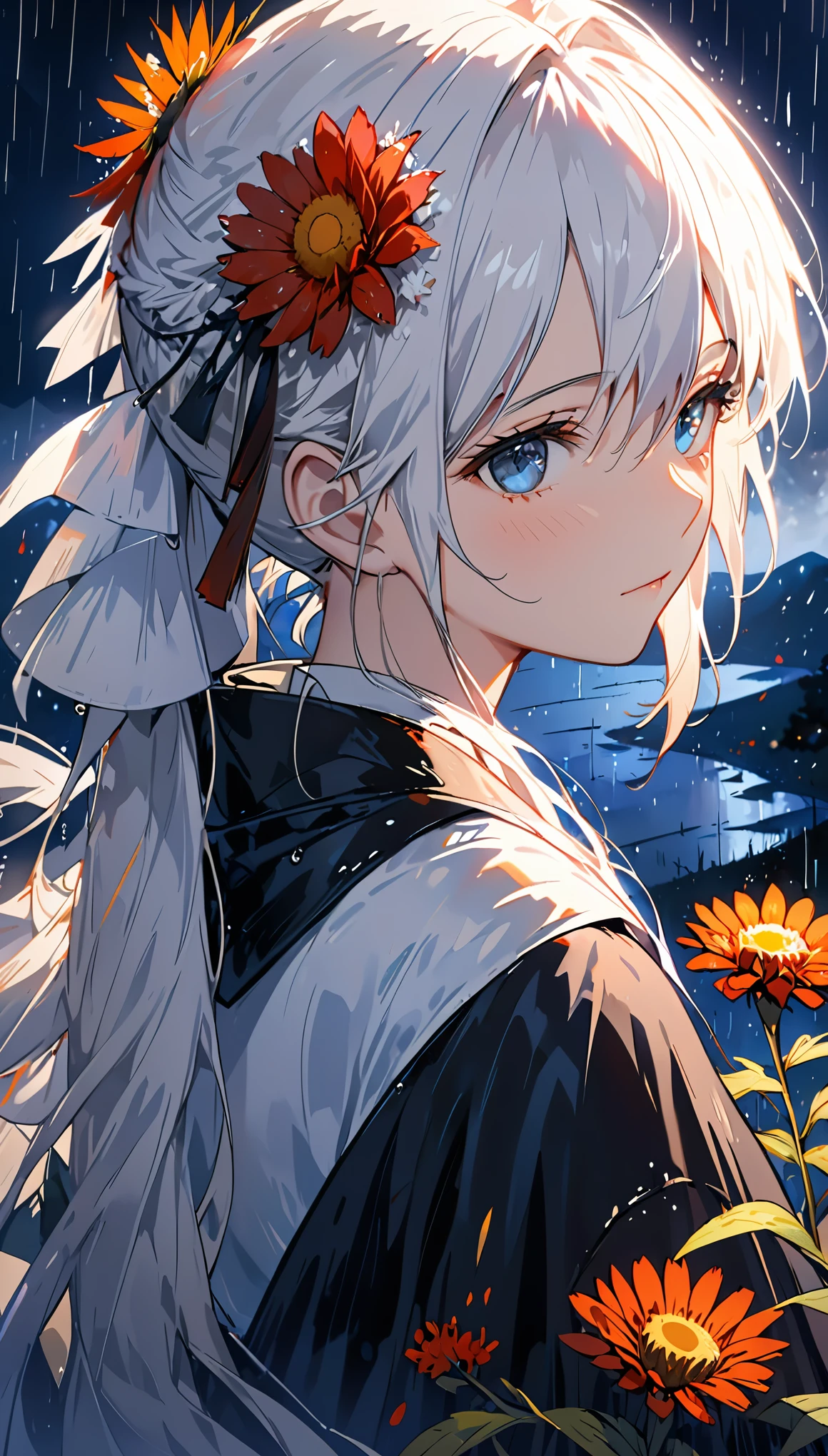 1 girl,alone,1 girl,alone,((Beautiful and delicate eyes)), (detail light),depth of field,(white hair),silver eyes,hair covering one eye,(safflower ), hair flower,long hair,black cloak,wet,emotionless,look back,night,Starfall,rain,FOG,safflowers falling,sketch,Upper body,strong shadow,