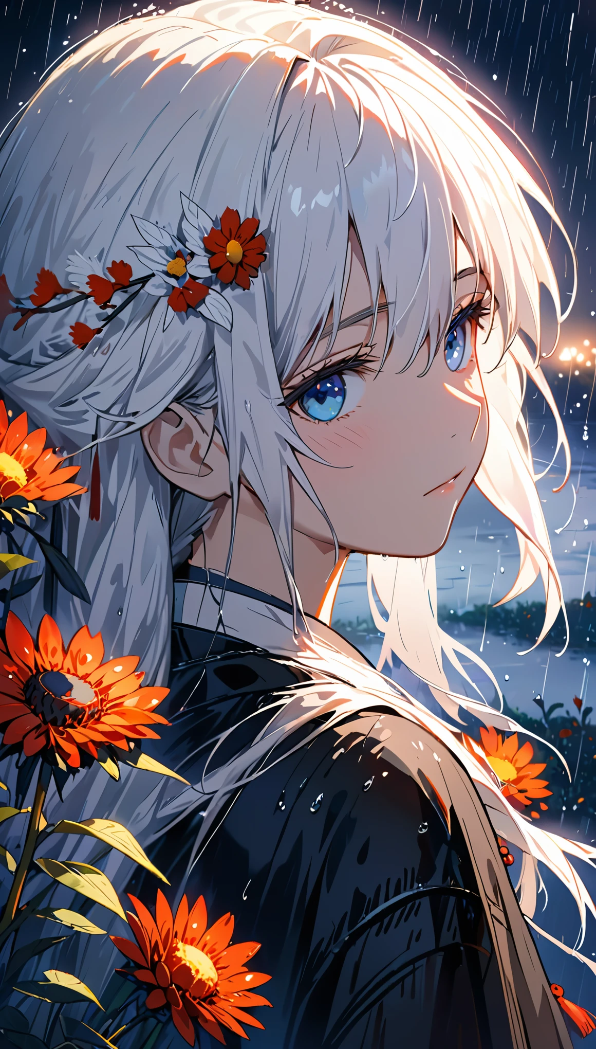 1 girl,alone,1 girl,alone,((Beautiful and delicate eyes)), (detail light),depth of field,(white hair),silver eyes,hair covering one eye,(safflower ), hair flower,long hair,black cloak,wet,emotionless,look back,night,Starfall,rain,FOG,safflowers falling,sketch,Upper body,strong shadow,