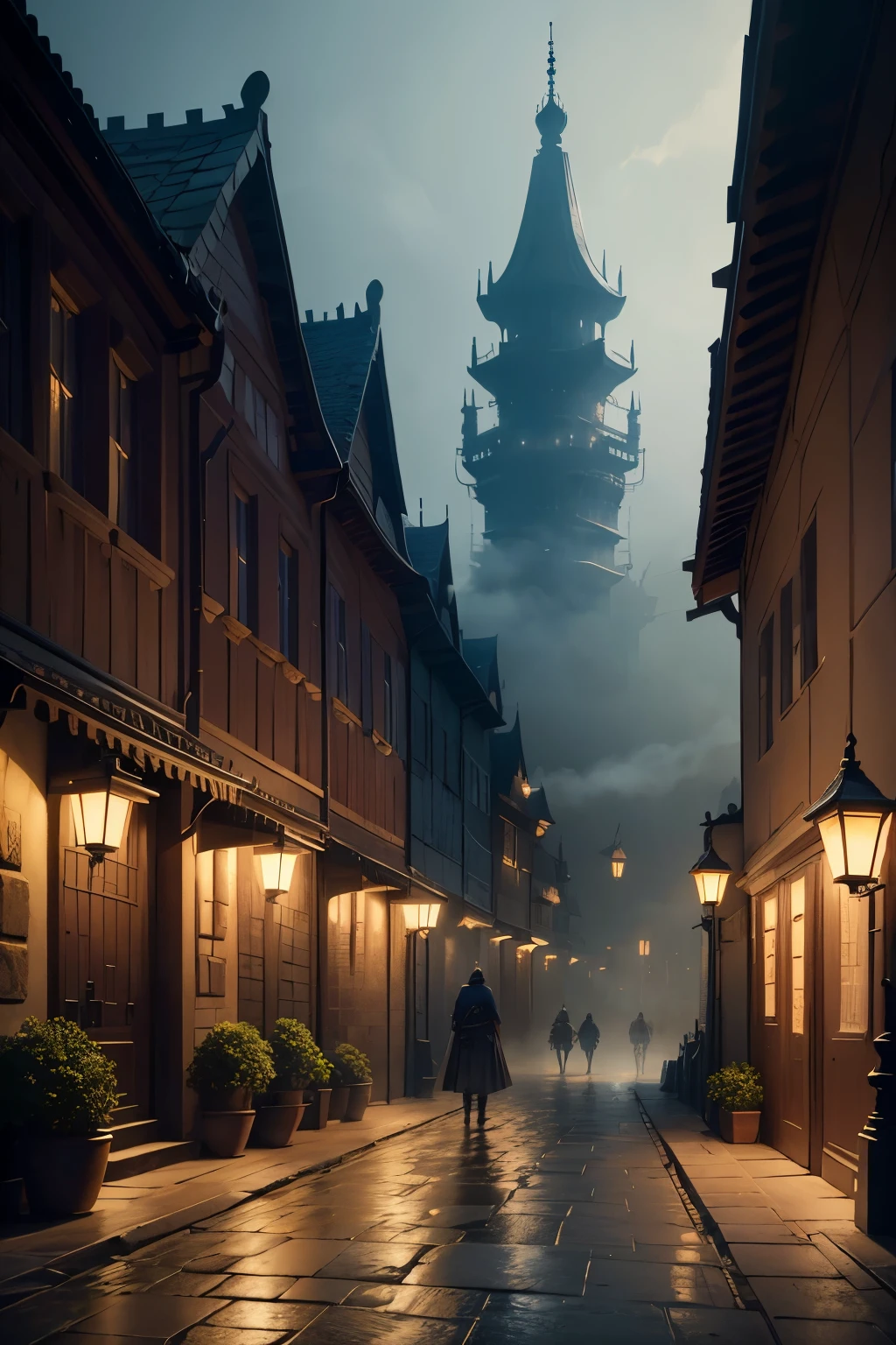 A city hidden in the mist, a warrior standing at the city's gate with only his back visible, silently walking.

Tags: mist-covered city, hidden city, mysterious atmosphere, gated entrance, warrior, back view, silent, walking

Medium: oil painting, detailed brushwork

Additional details: towering buildings, winding streets, lantern-lit alleys, faint outlines of people, cobblestone roads, distant sounds of bustling activity, a sword at the warrior's side, fog swirling around the city

Image quality: (best quality, 4k, highres, masterpiece:1.2), ultra-detailed, realistic

Art style: fantasy, dark and mysterious

Color tone: muted tones, cold blue hues

Lighting: ethereal glow, subtle highlights and shadows