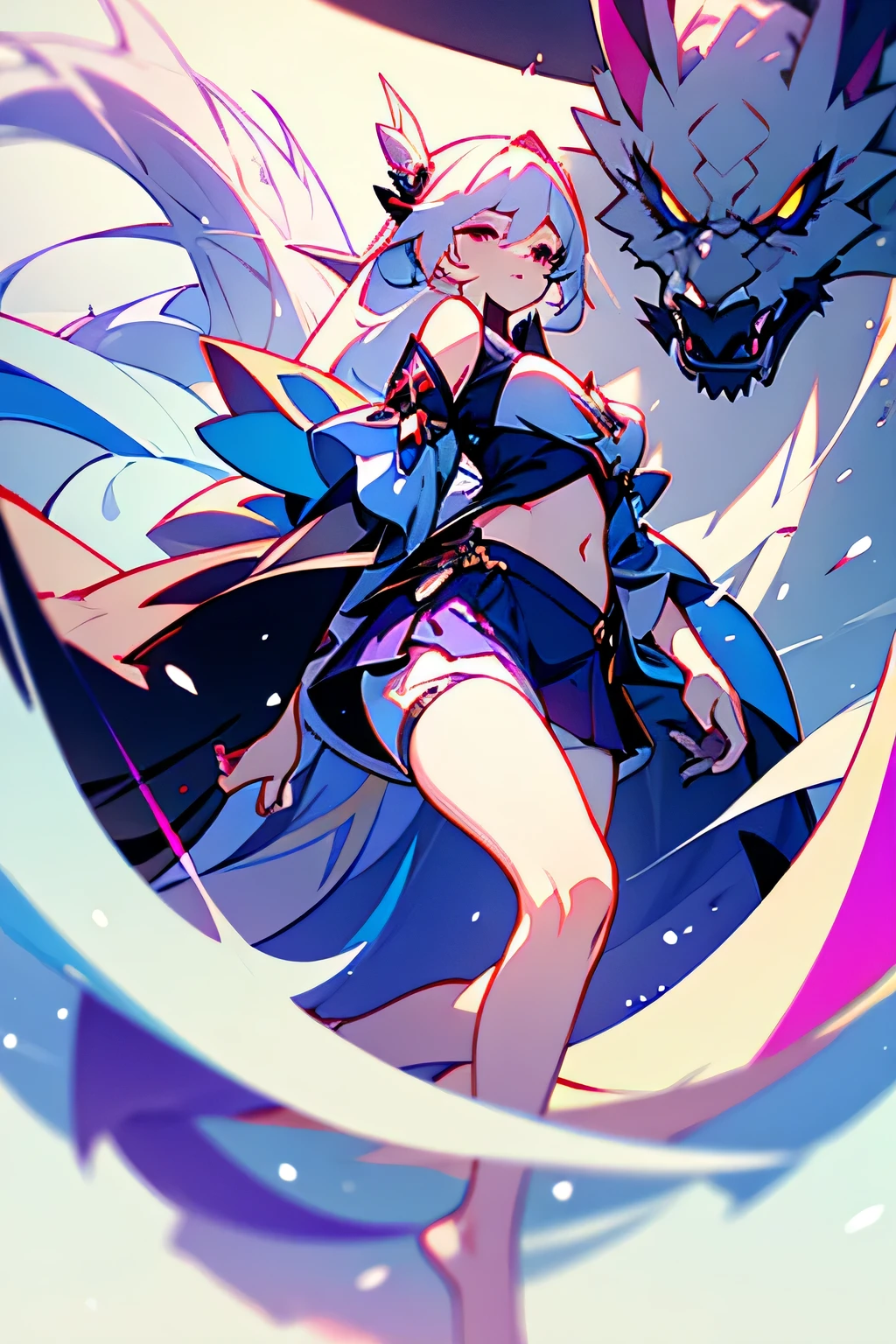 This is a woman wearing black and white Hanfu, Off-the-shoulder skirts and bikinis.,big breasts,And that snow-white hair,Expose more of your belly and navel,wear less,Yellow left eye, Right eye purple longan,smart eyes,Bailongjiao,dragon tail character:Iceberg beauty